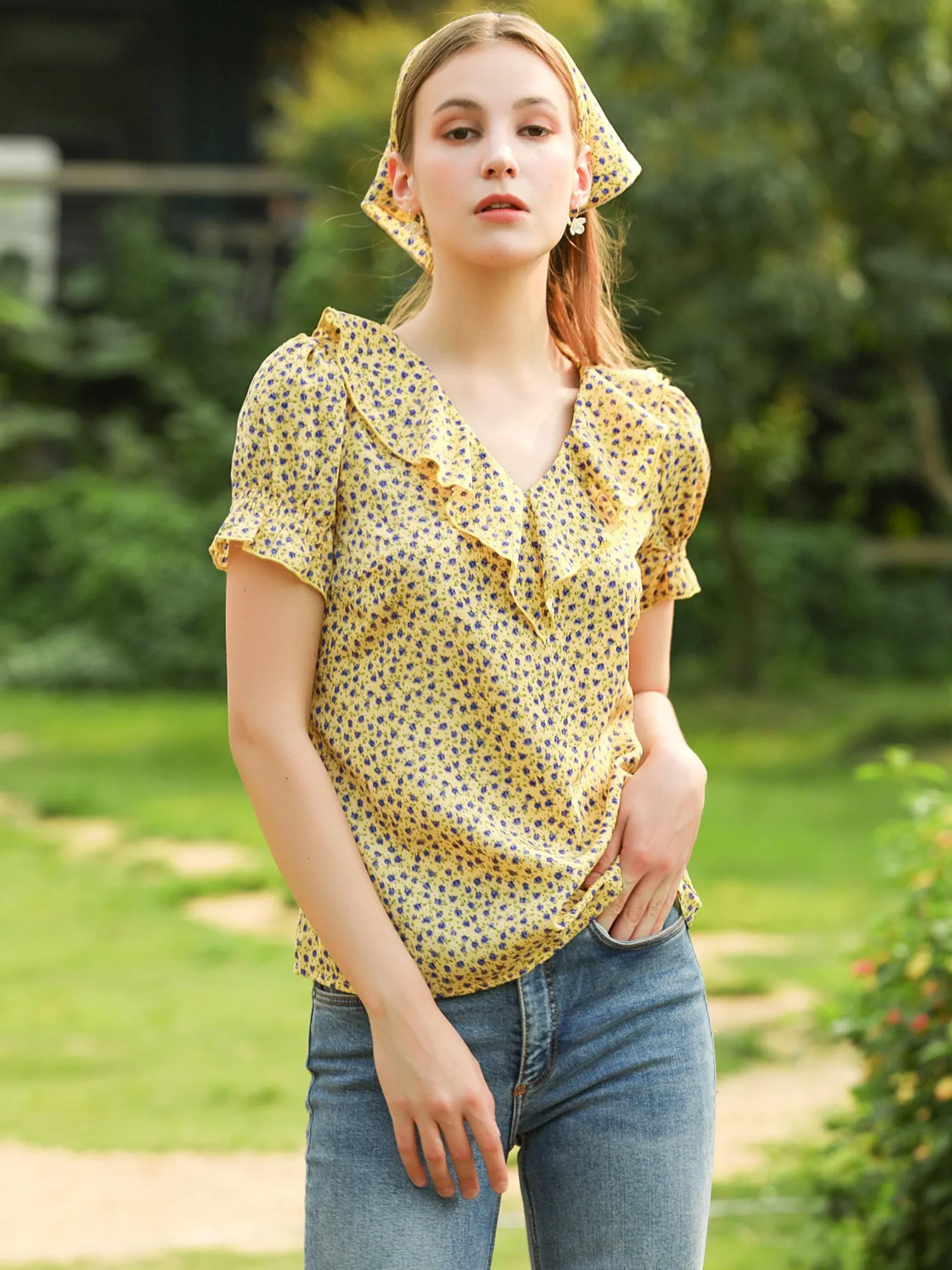 Ruffled V Neck Tops Smocked Short Sleeve Floral Print Peasant Top sold by Allegra K