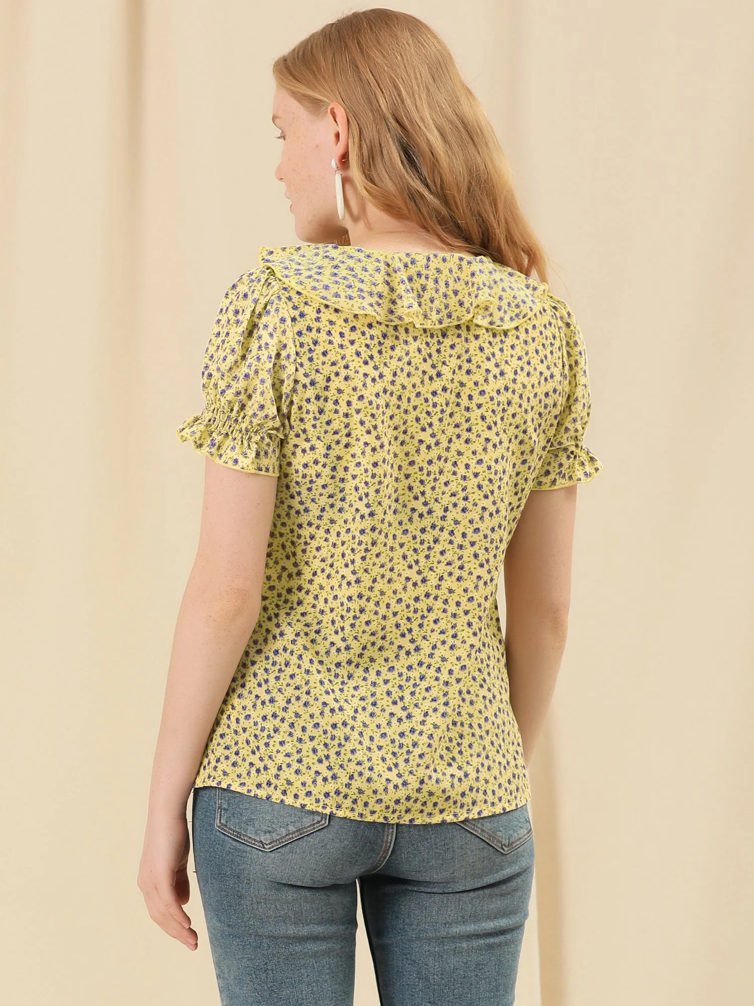 Ruffled V Neck Tops Smocked Short Sleeve Floral Print Peasant Top sold by Allegra K product image thumbnail 4