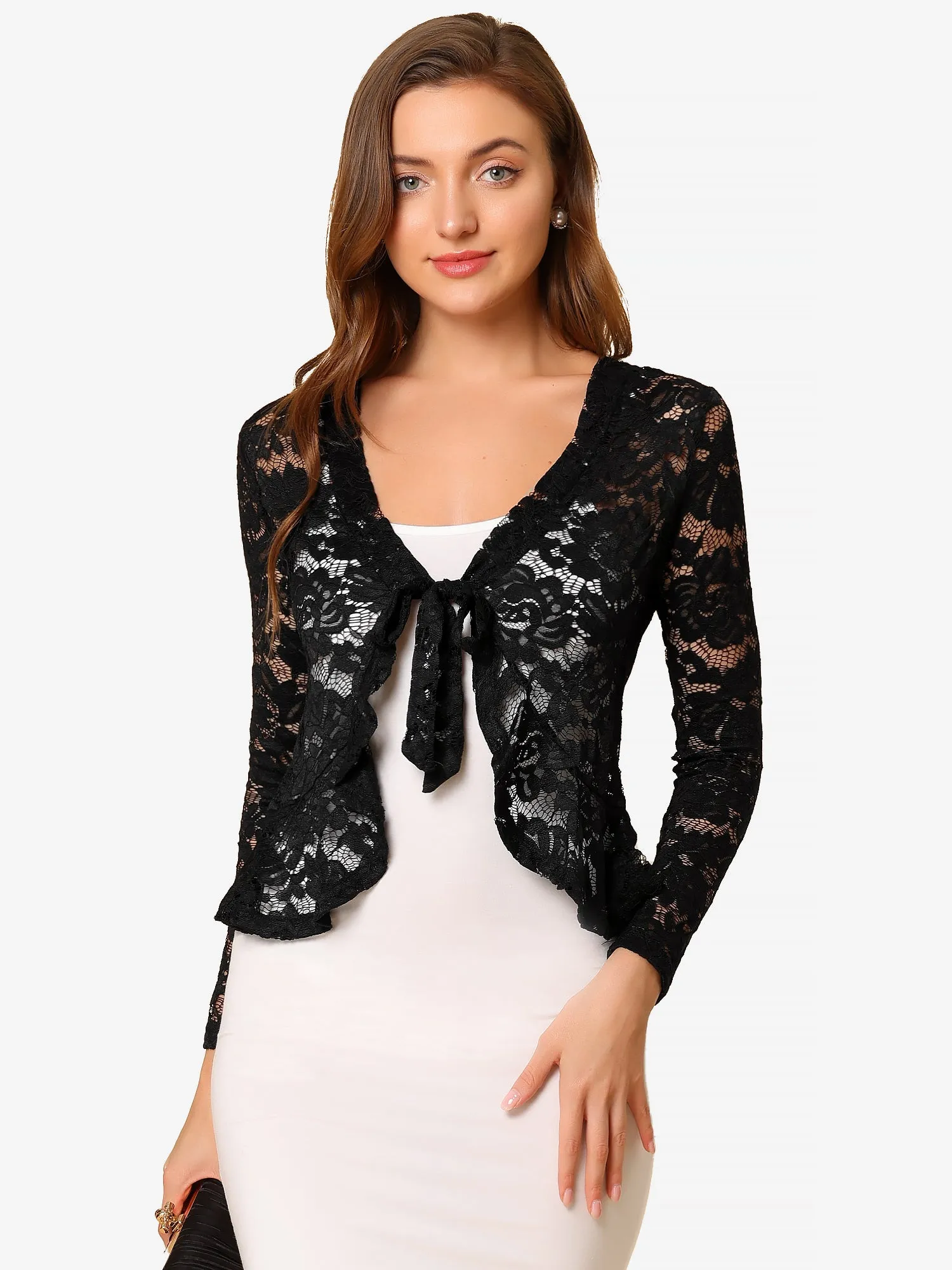 Floral Lace Tie Front Ruffled Hem Sheer Crop Bolero Shrug sold by Allegra K