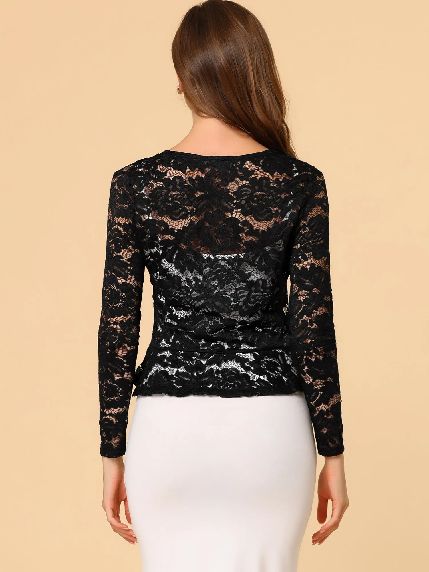 Floral Lace Tie Front Ruffled Hem Sheer Crop Bolero Shrug sold by Allegra K product image thumbnail 2
