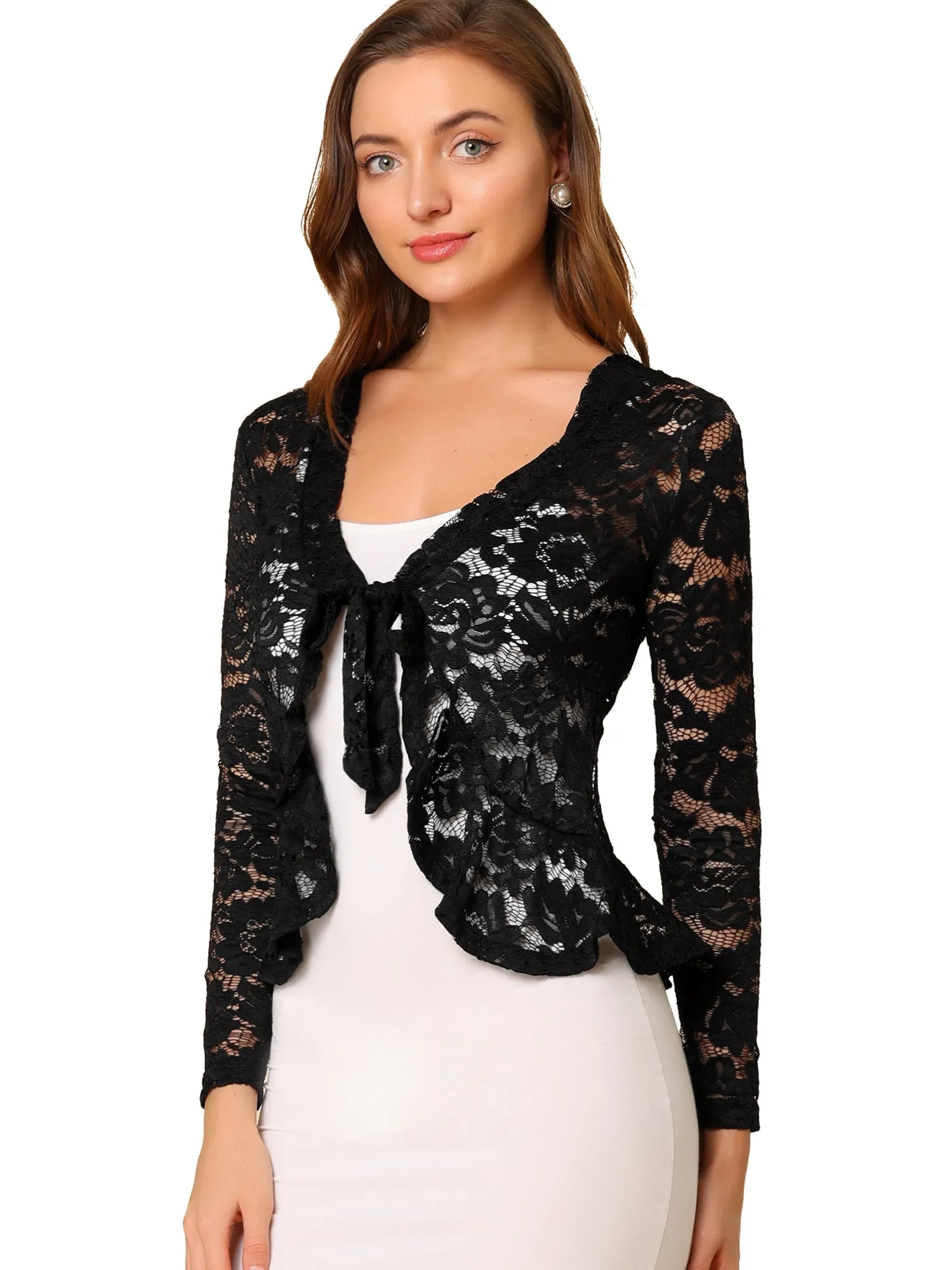 Floral Lace Tie Front Ruffled Hem Sheer Crop Bolero Shrug sold by Allegra K product image thumbnail 4