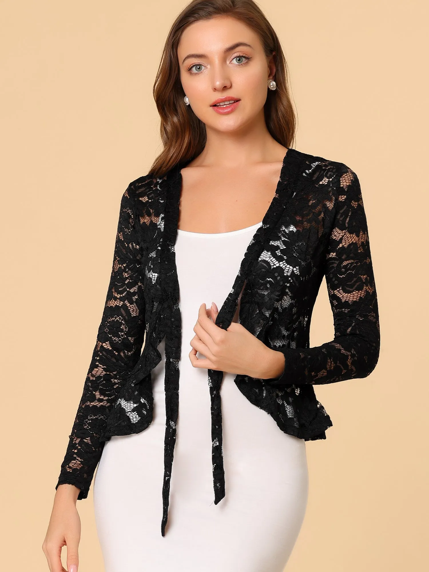 Floral Lace Tie Front Ruffled Hem Sheer Crop Bolero Shrug sold by Allegra K product image thumbnail 3