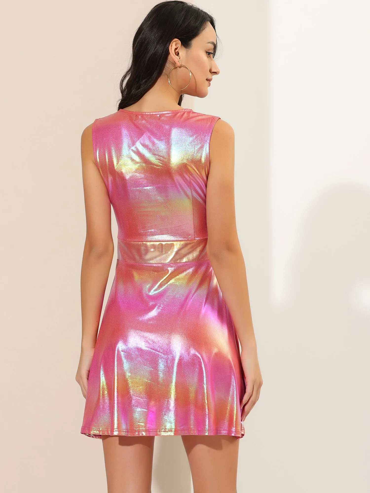 Sleeveless Metallic A-Line Club Party Holographic Mini Dress sold by Allegra K product image thumbnail 4