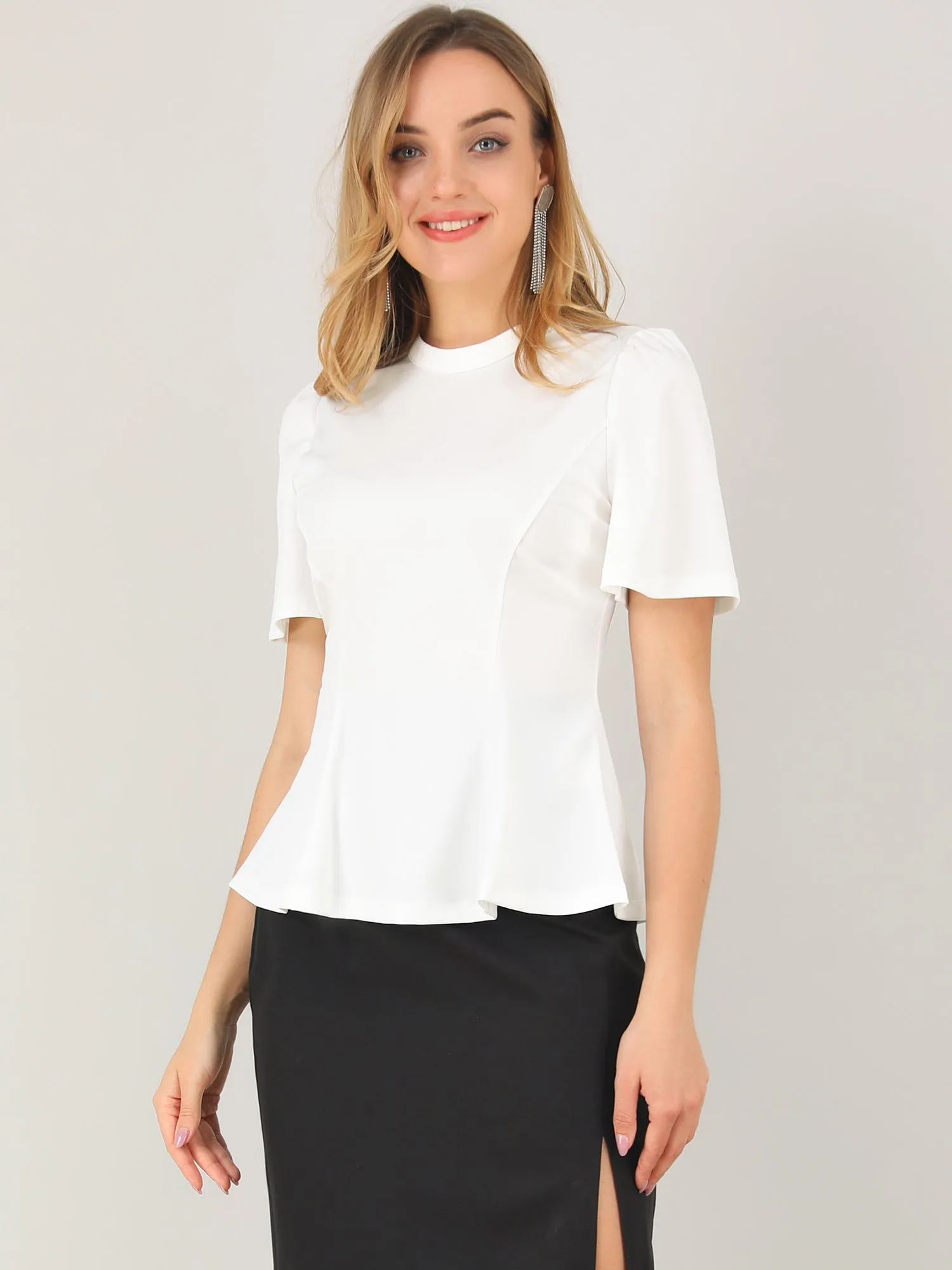 Casual Keyhole Back Round Neck Self Tie Short Sleeve Top Blouse sold by Allegra K product image thumbnail 4