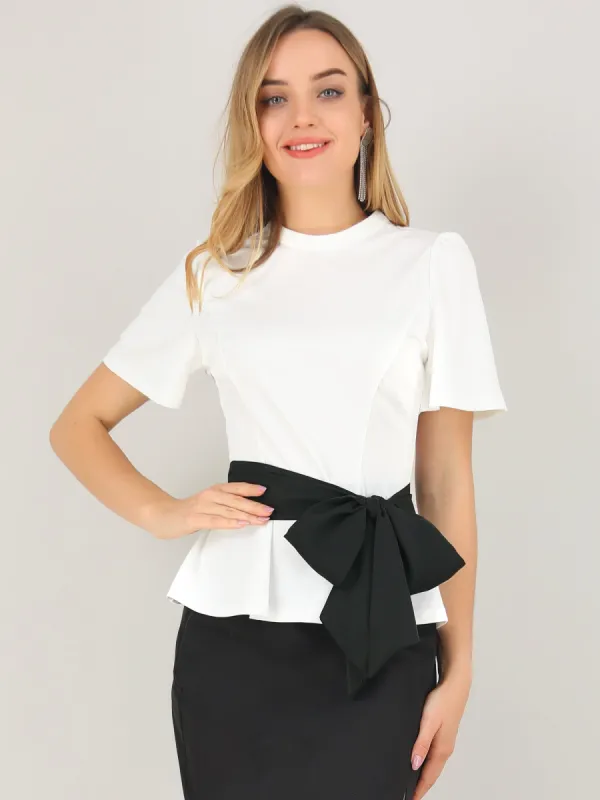 Casual Keyhole Back Round Neck Self Tie Short Sleeve Top Blouse sold by Allegra K