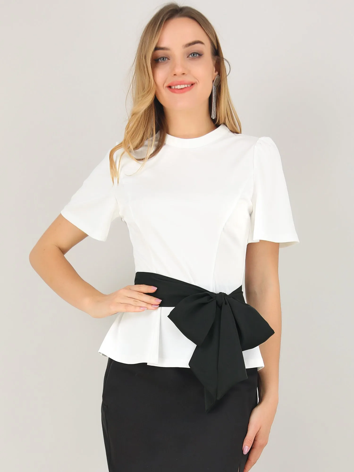 Casual Keyhole Back Round Neck Self Tie Short Sleeve Top Blouse sold by Allegra K