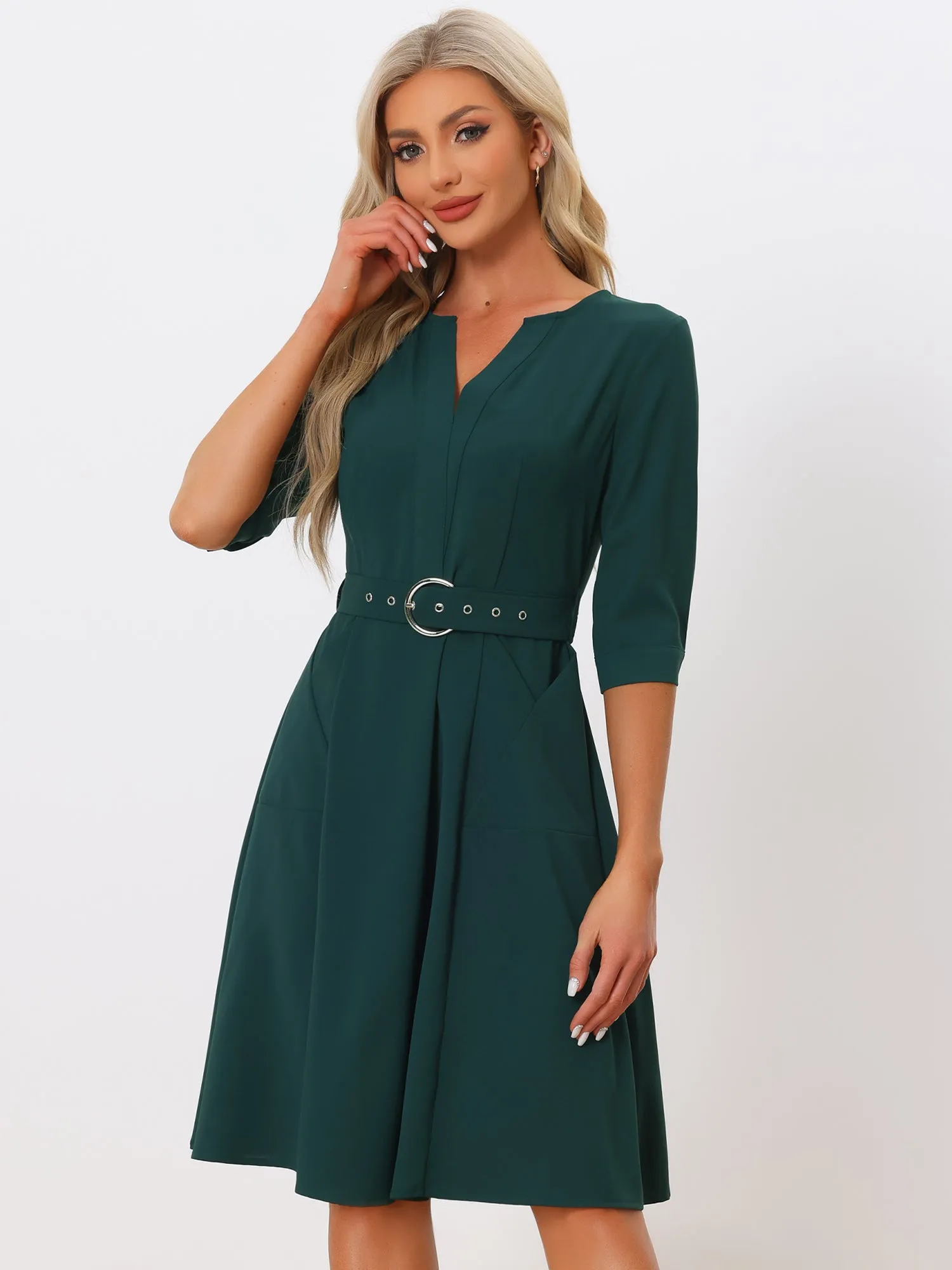 V Neck Half Sleeve Pockets Elegant Solid Color Belt Dress sold by Allegra K product image thumbnail 5