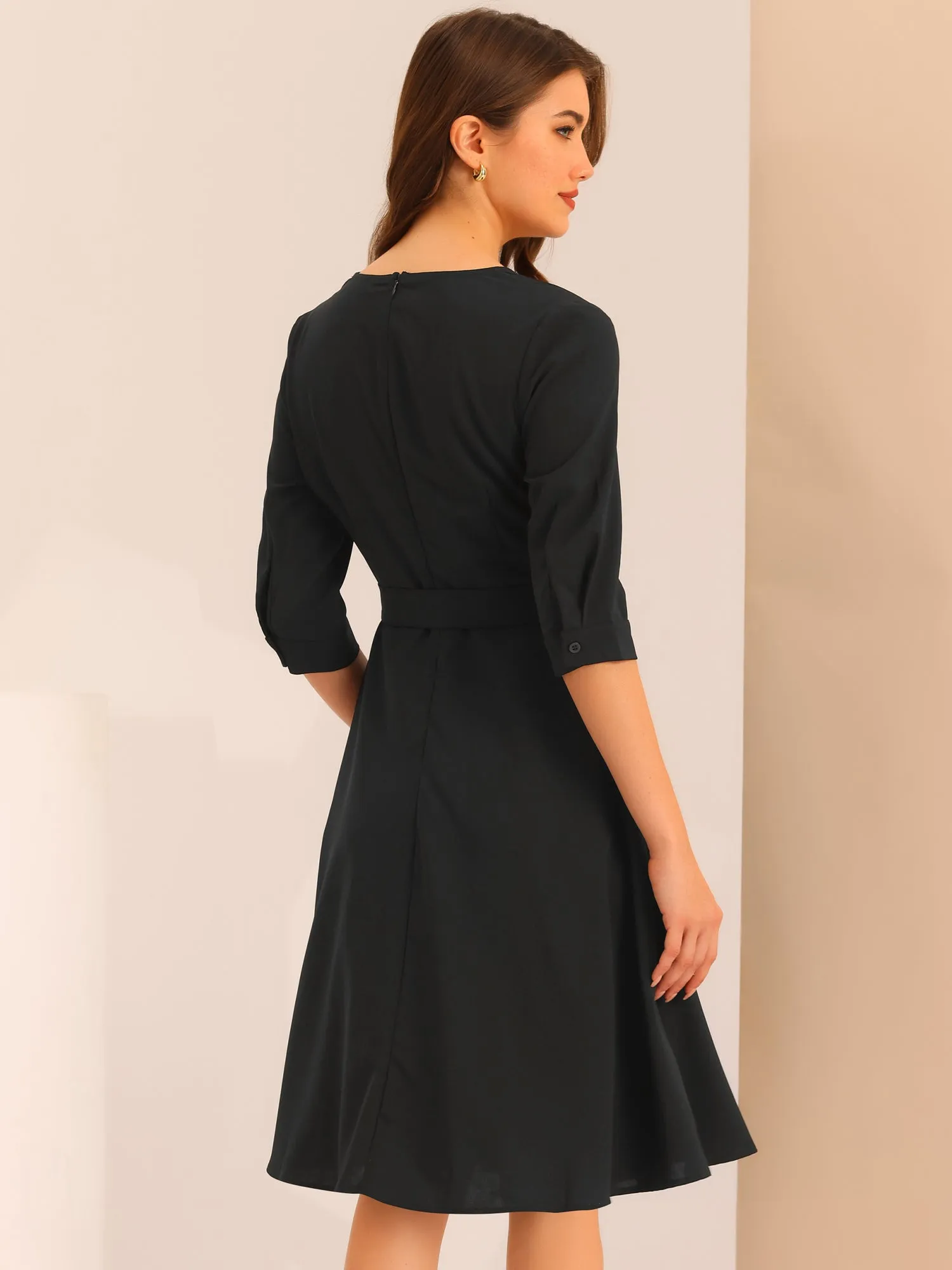 V Neck Half Sleeve Pockets Elegant Solid Color Belt Dress sold by Allegra K product image thumbnail 3