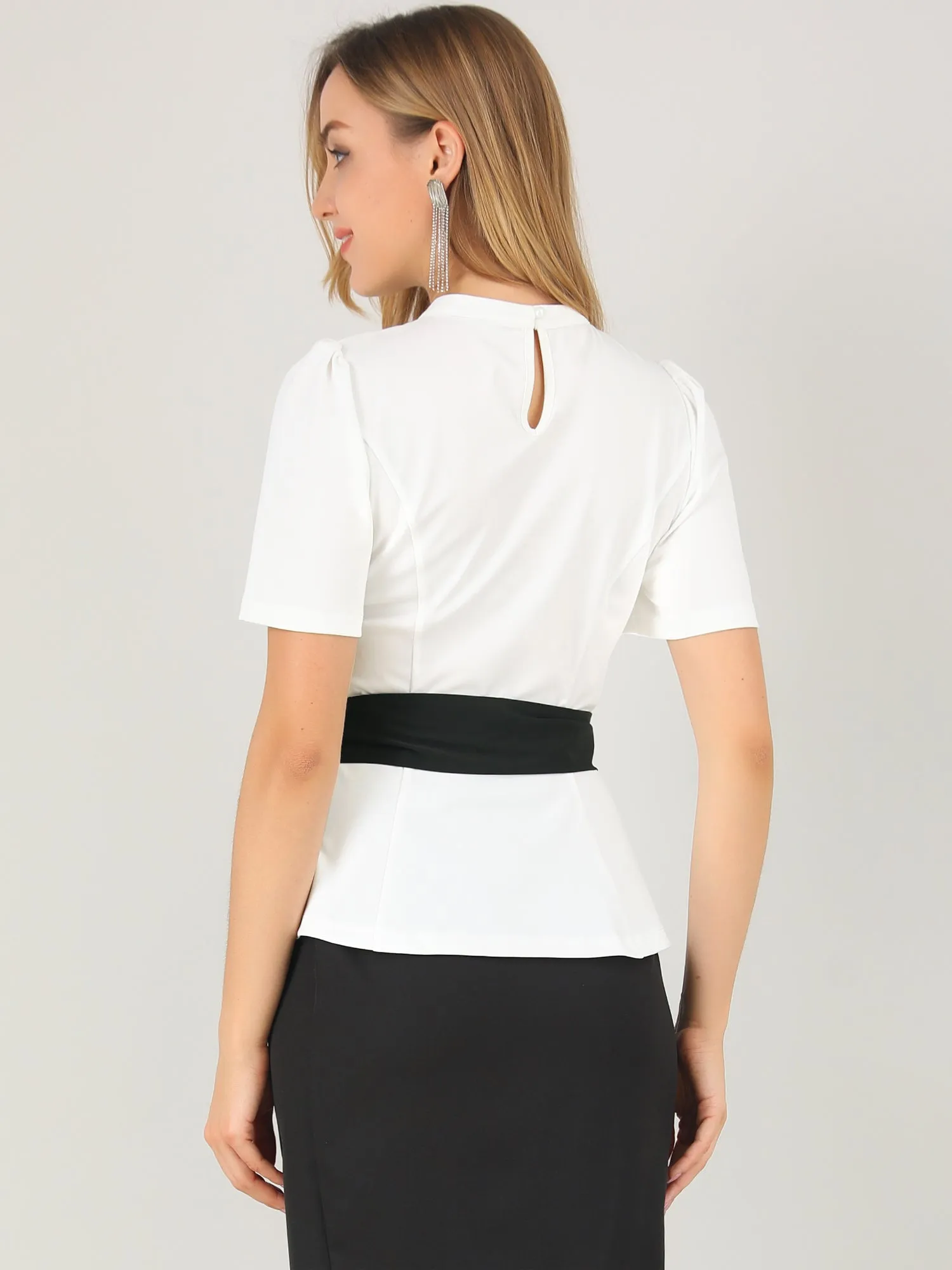 Casual Keyhole Back Round Neck Self Tie Short Sleeve Top Blouse sold by Allegra K product image thumbnail 3