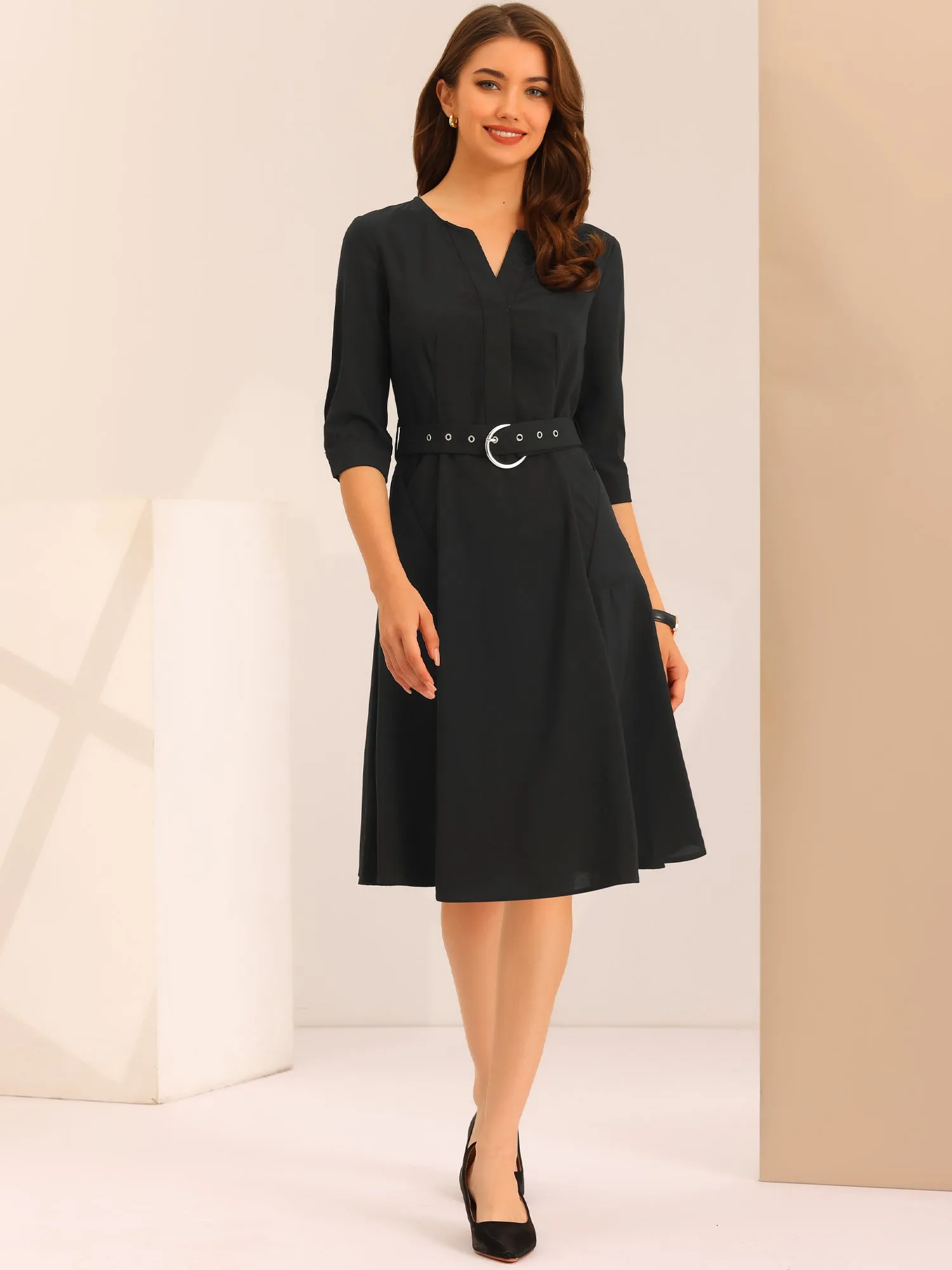 V Neck Half Sleeve Pockets Elegant Solid Color Belt Dress sold by Allegra K product image thumbnail 2