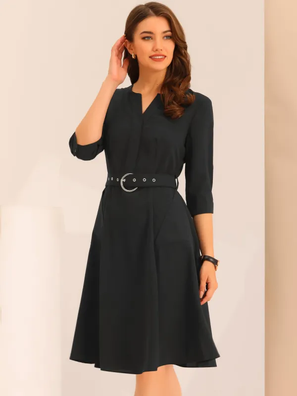 V Neck Half Sleeve Pockets Elegant Solid Color Belt Dress sold by Allegra K
