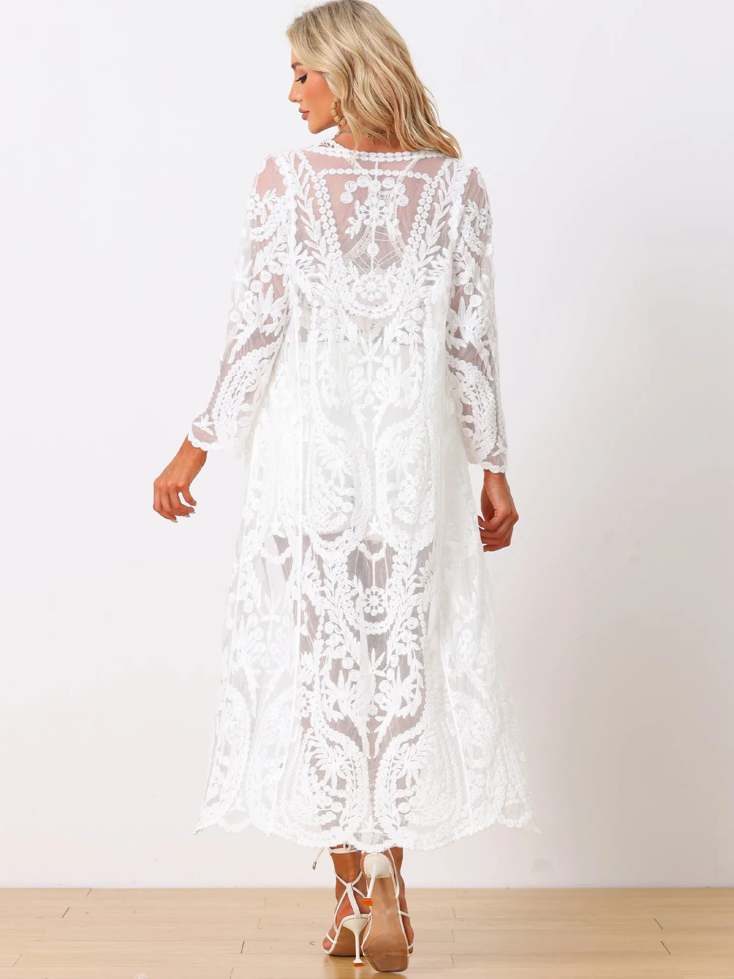 Lace Cardigan 3/4 Sleeve Tie Open Front Beach Swimwear Cover Ups sold by Allegra K product image thumbnail 4