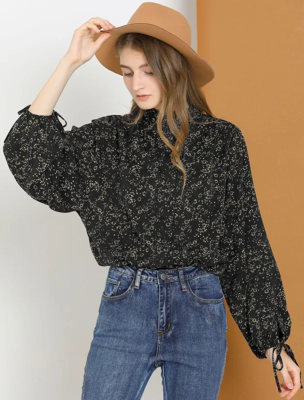 Long Sleeve Shirt Mock Neck Ruffled Button Up Floral Blouse sold by Allegra K