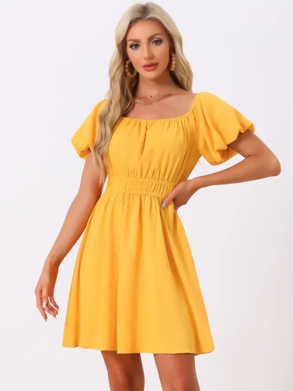 Off Shoulder Puff Sleeve Solid Color Mini Dress sold by Allegra K