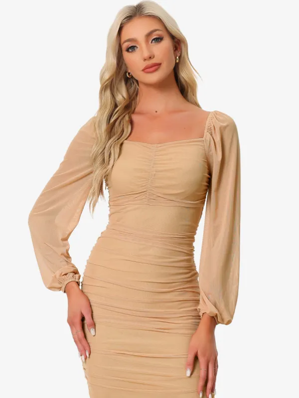 Bodycon Long Puff Sleeve Mini Mesh Ruched Solid Lace Up Party Dress sold by Allegra K