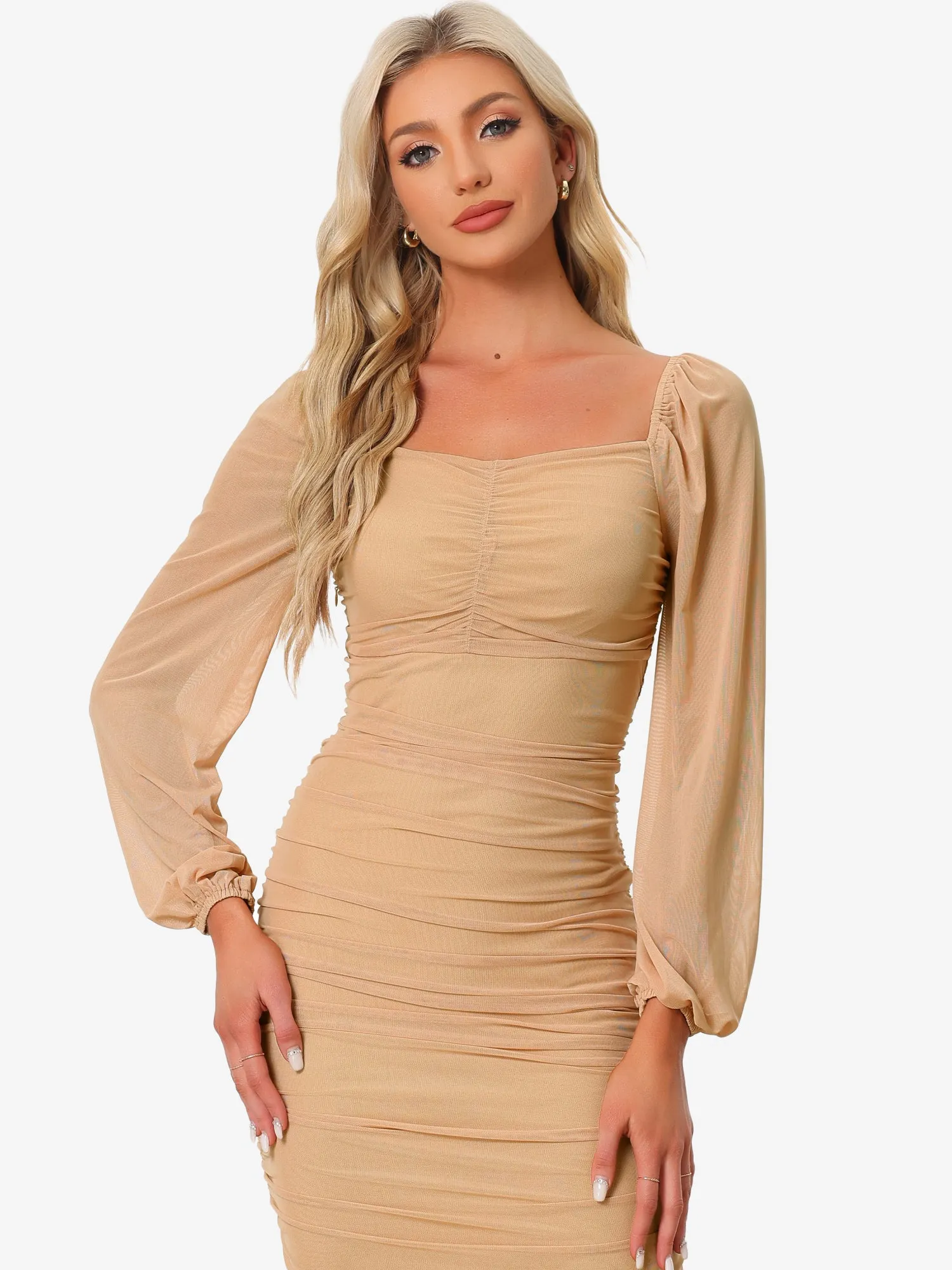 knee length dresses for ladies Caramel Mesh Ruched Puff Sleeve Mini Dress M