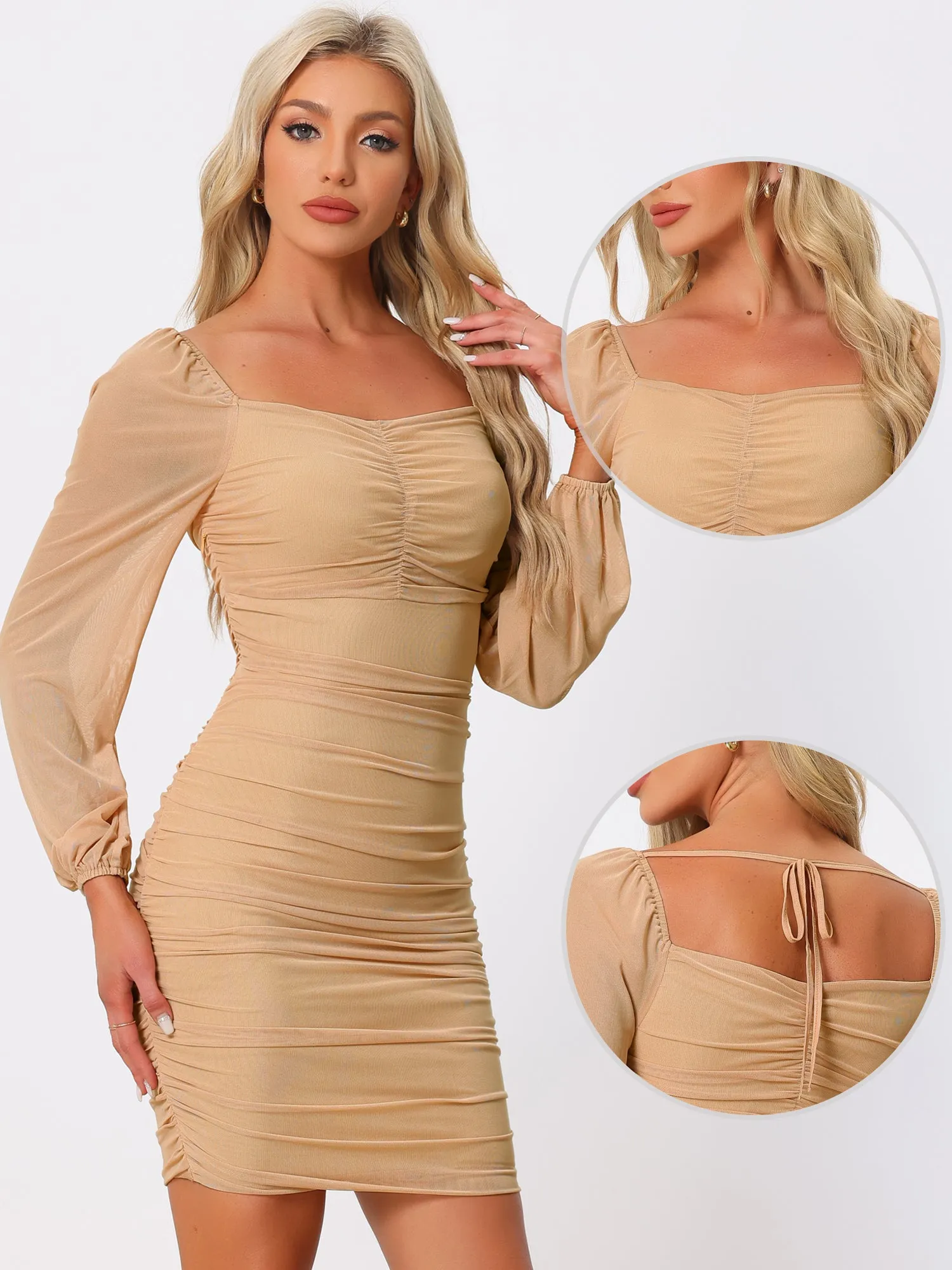 Bodycon Long Puff Sleeve Mini Mesh Ruched Solid Lace Up Party Dress |  Parallel