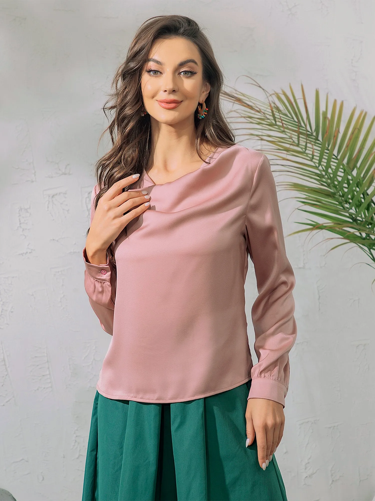 Cowl Neck Elegant Long Sleeve Satin Tops Blouse sold by Allegra K product image thumbnail 3