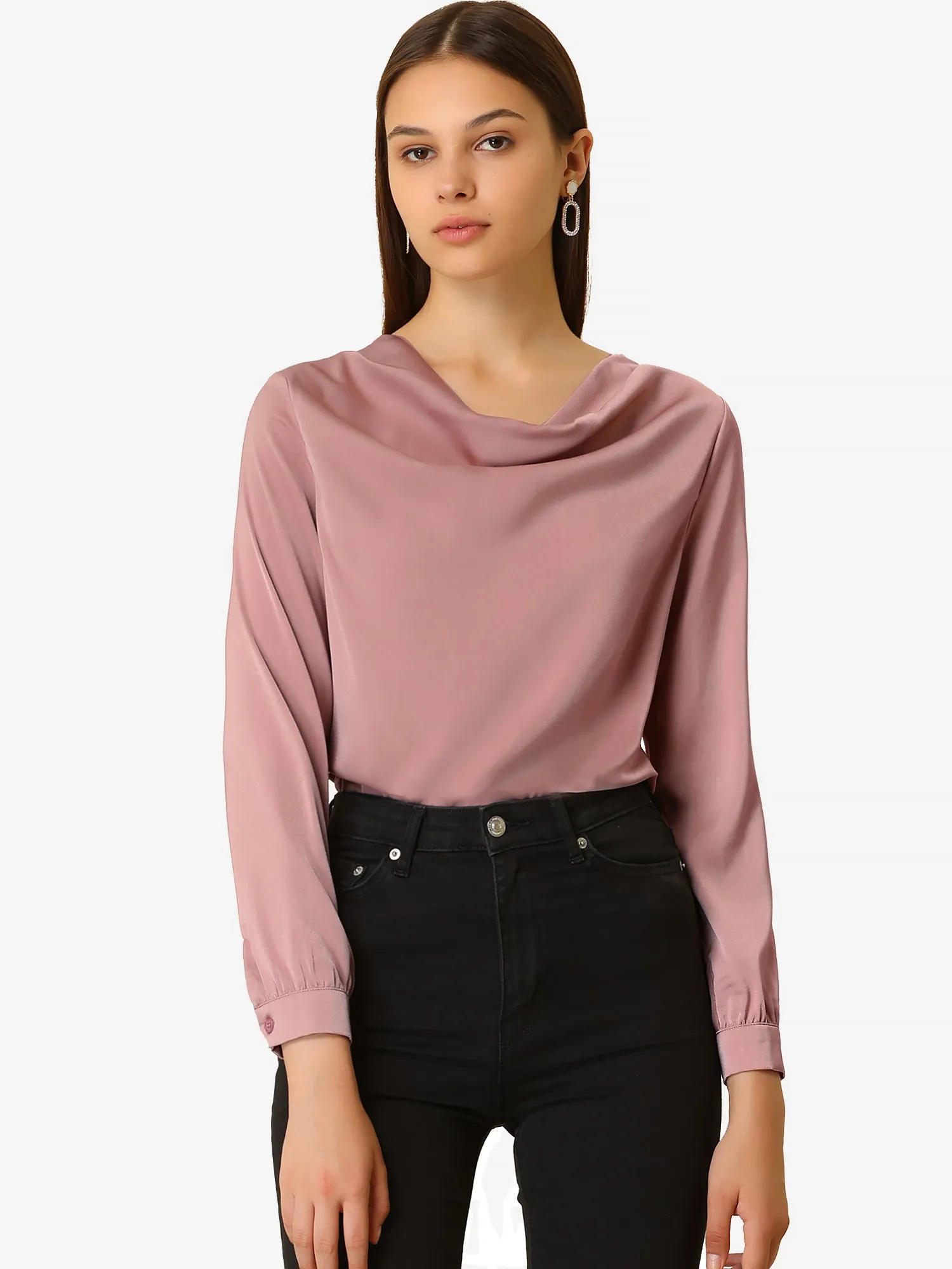 Cowl Neck Elegant Long Sleeve Satin Tops Blouse sold by Allegra K