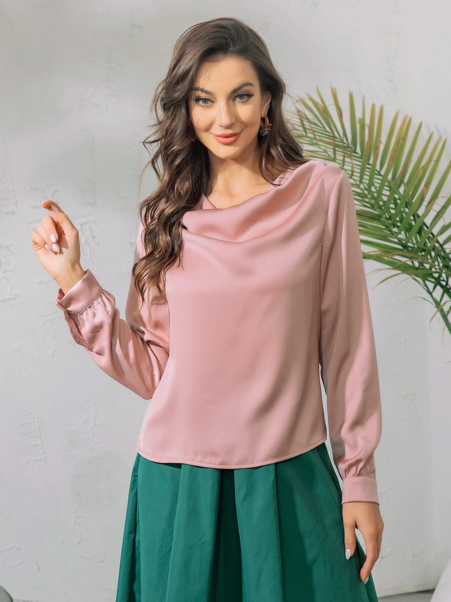 Cowl Neck Elegant Long Sleeve Satin Tops Blouse sold by Allegra K product image thumbnail 2