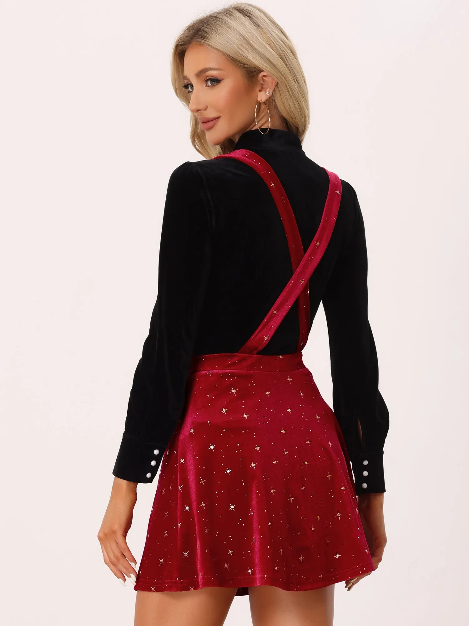 Stars Velvet High Waist Mini Pinafore Overall Suspender Skirt sold by Allegra K product image thumbnail 3