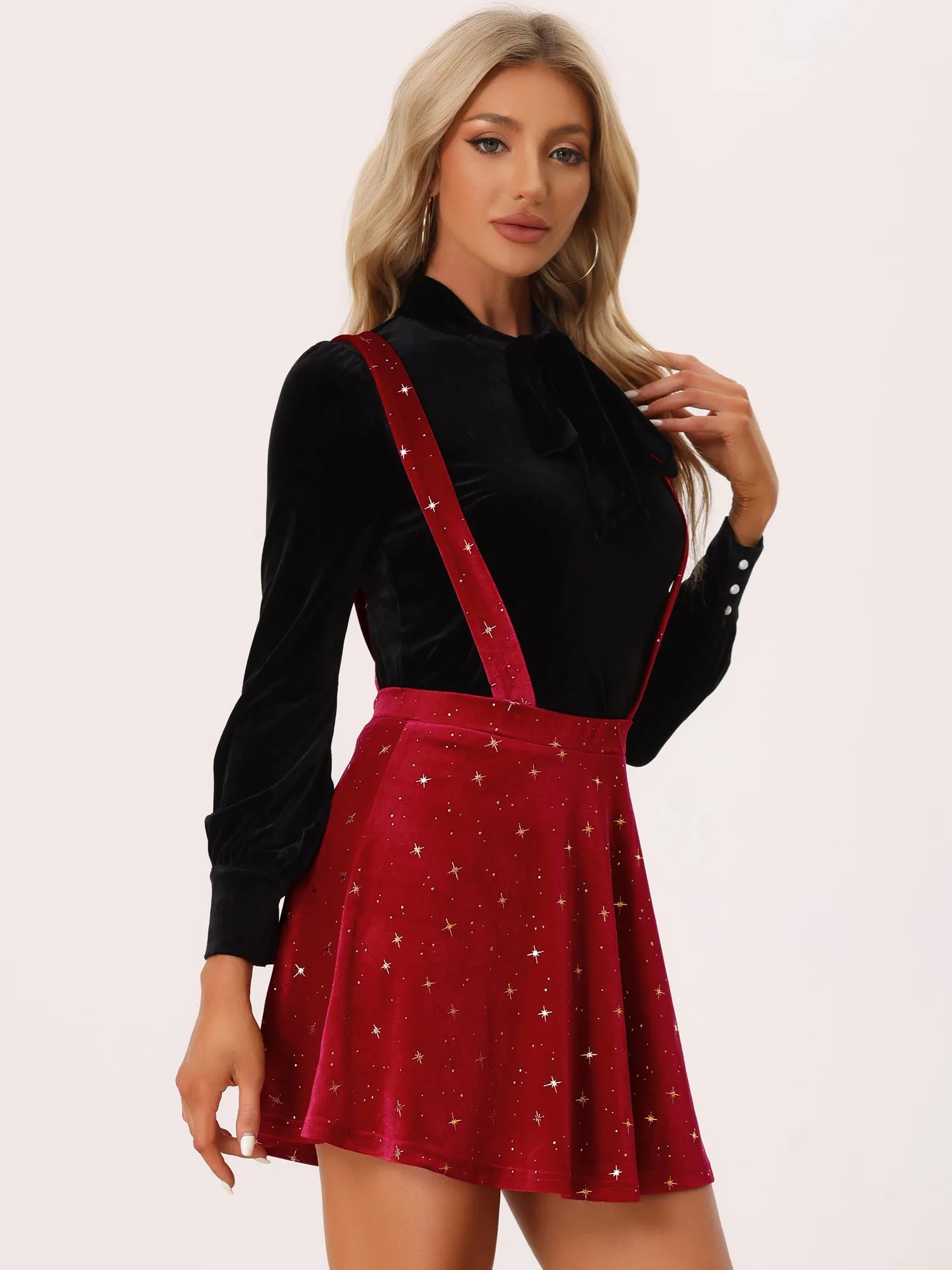 Stars Velvet High Waist Mini Pinafore Overall Suspender Skirt sold by Allegra K product image thumbnail 2