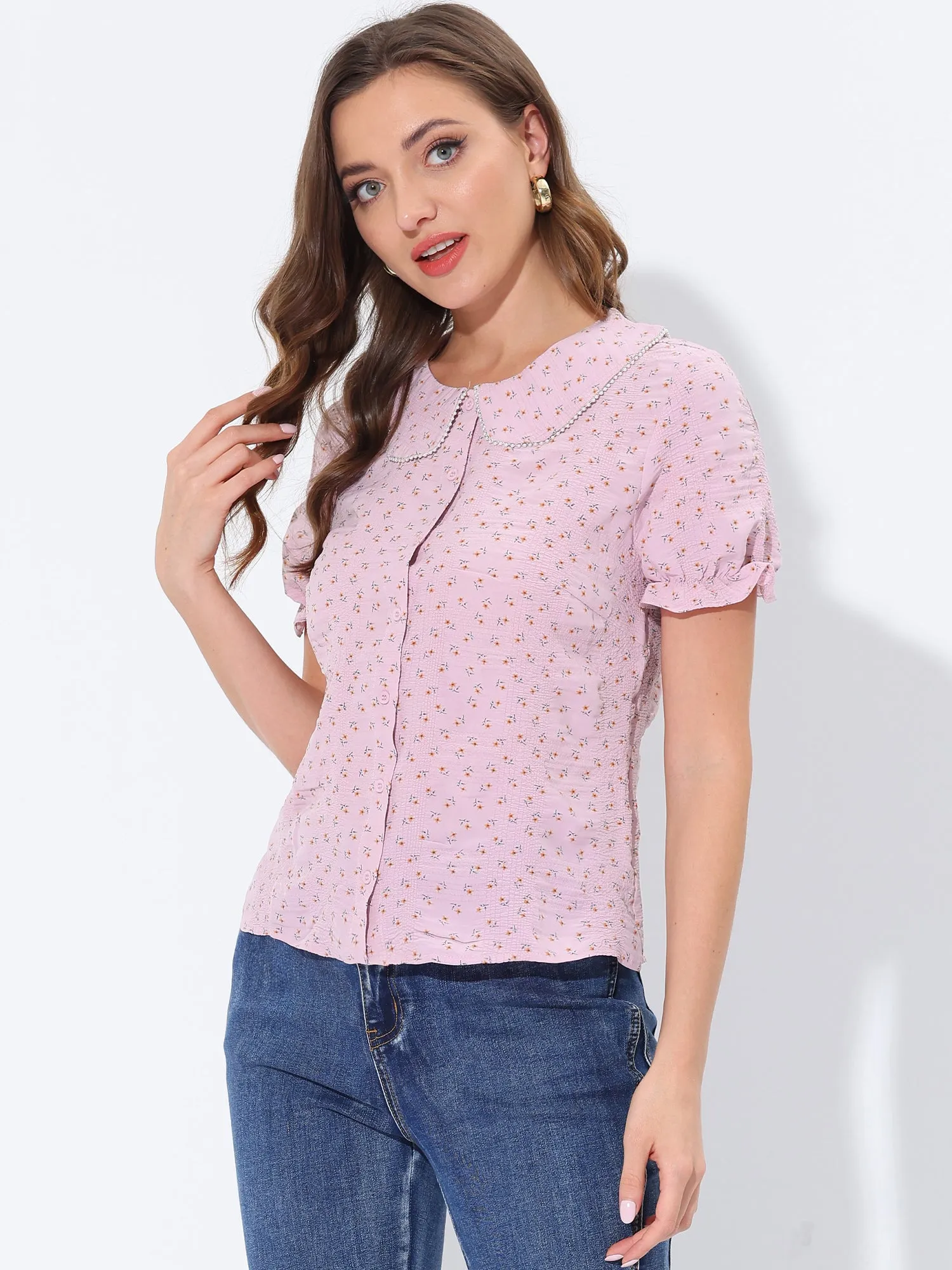 Summer Button Peter Pan Collar Short Sleeve Ditsy Floral Blouse sold by Allegra K