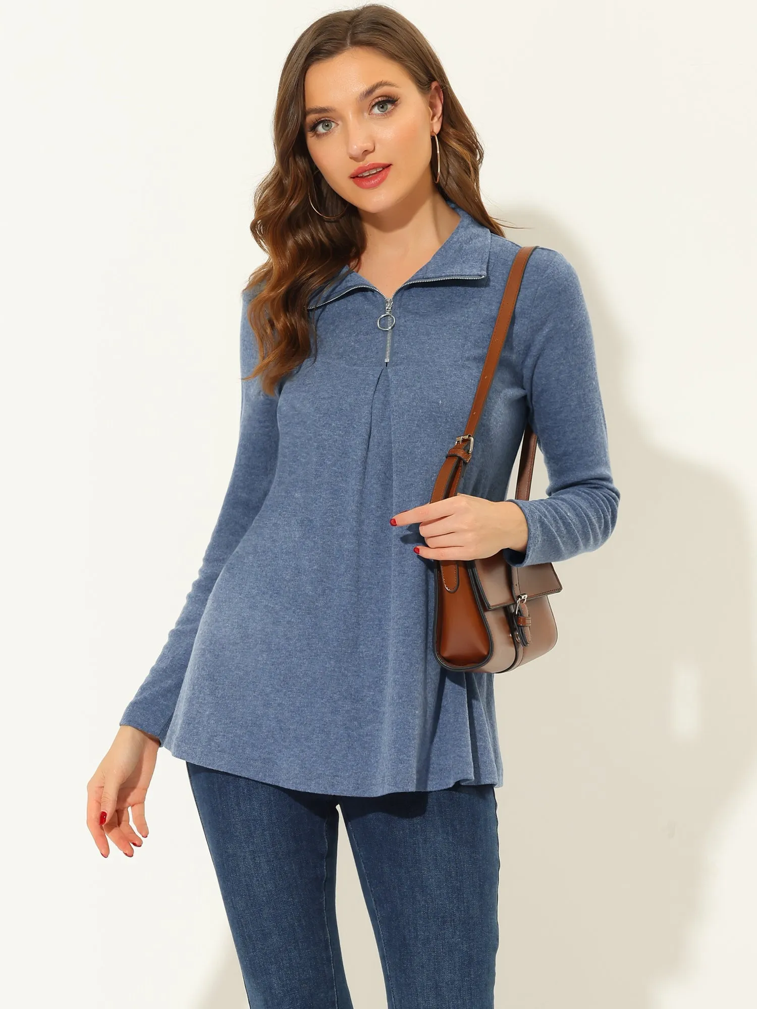 Swing Blouse Mock Neck Long Sleeve Zip Up Tunic Top sold by Allegra K