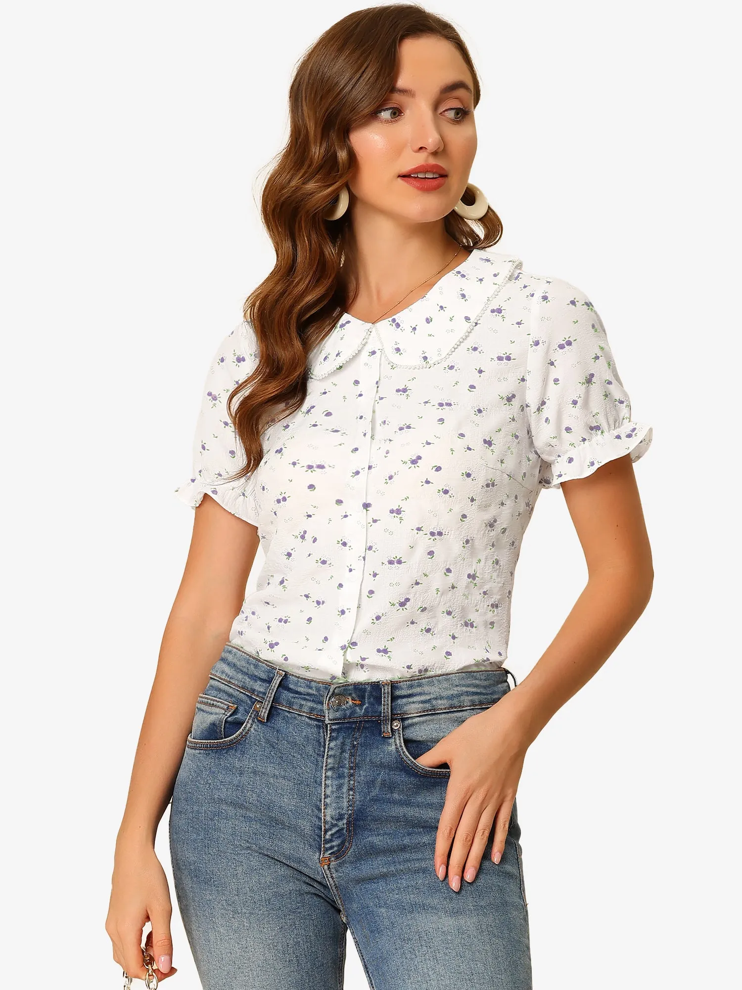 Summer Button Peter Pan Collar Short Sleeve Ditsy Floral Blouse sold by Allegra K product image thumbnail 5