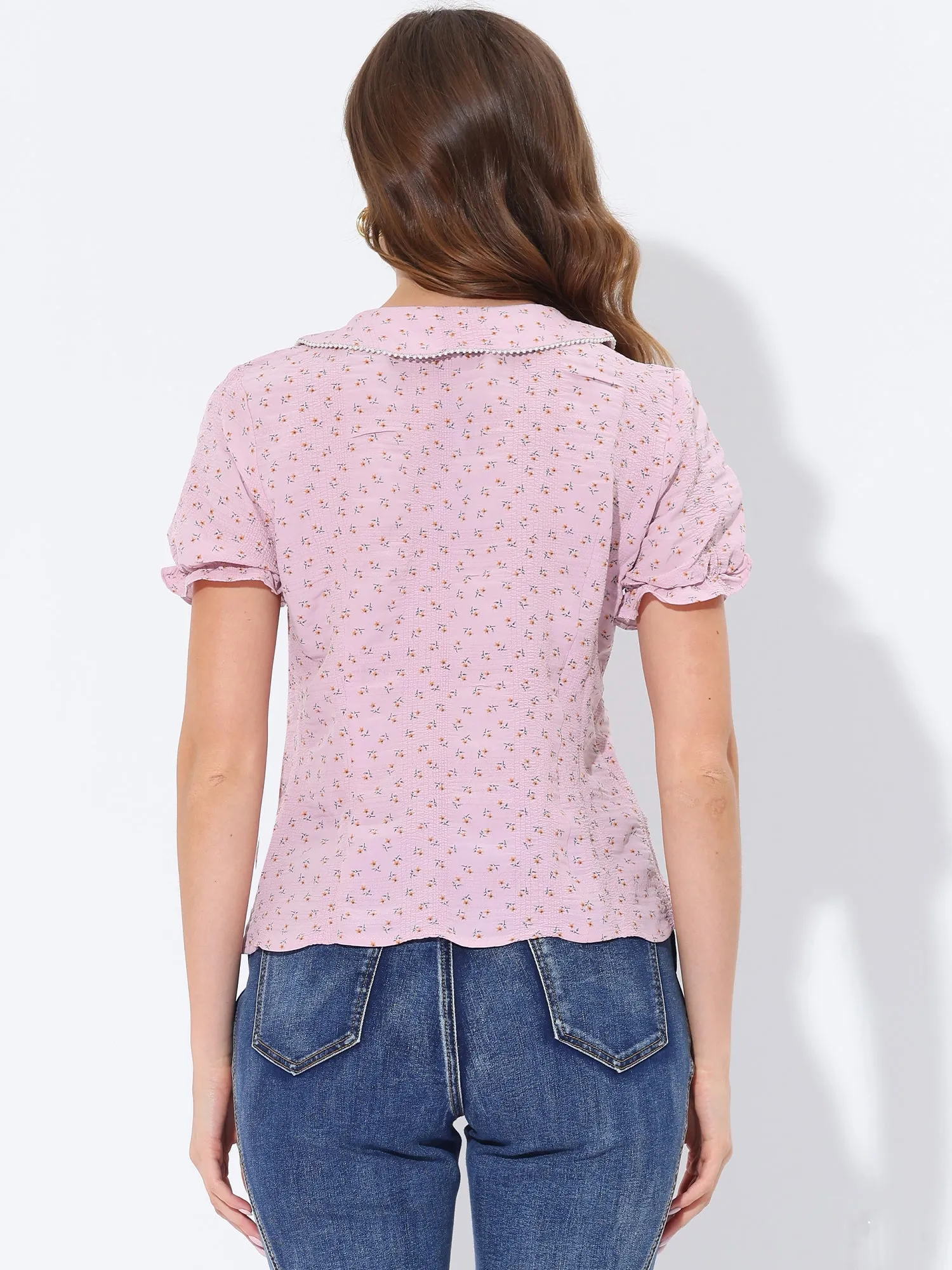 Summer Button Peter Pan Collar Short Sleeve Ditsy Floral Blouse sold by Allegra K product image thumbnail 3