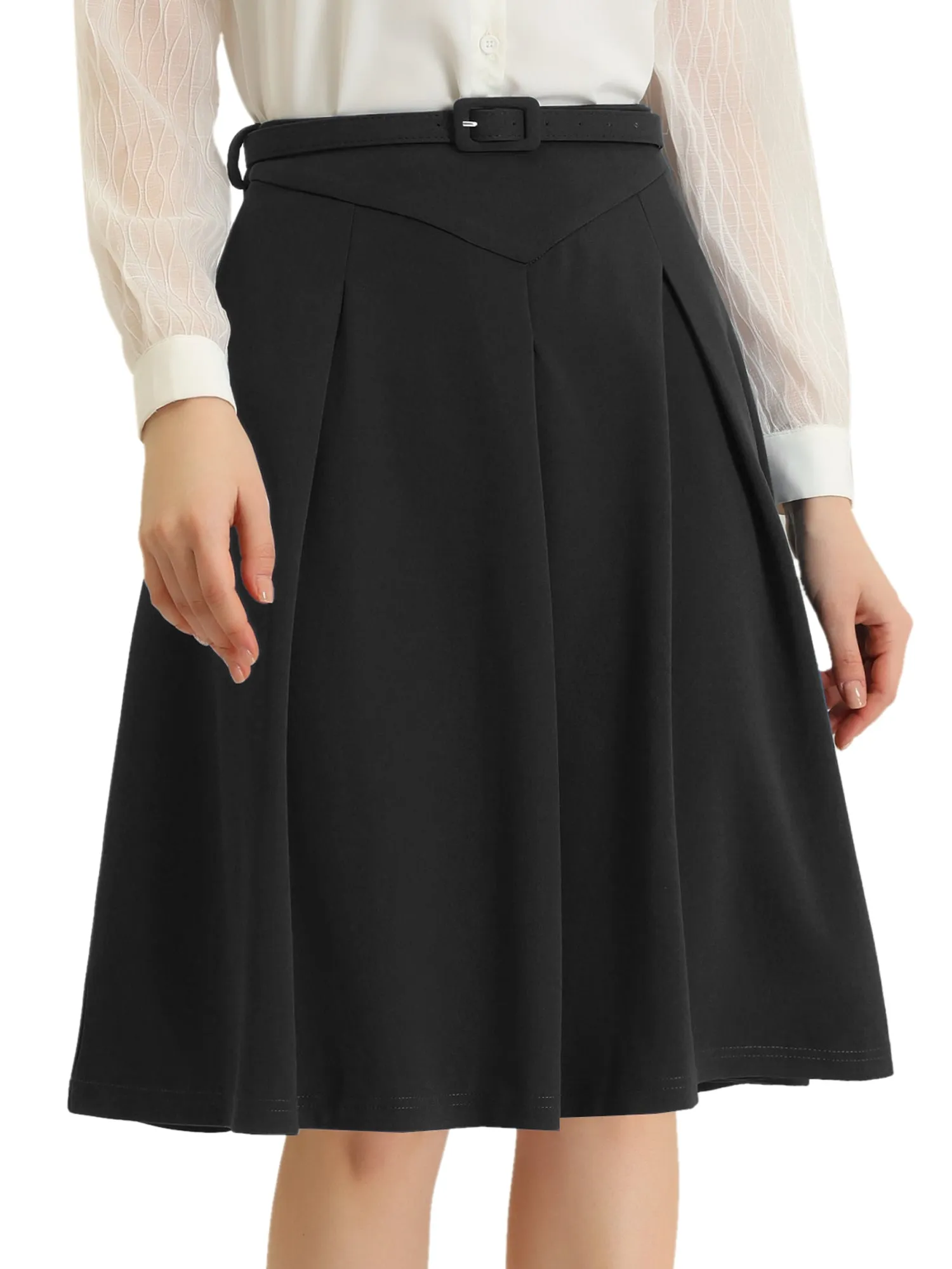 Women's A-Line Belted Waist Casual Midi Flare Pleated Skirt