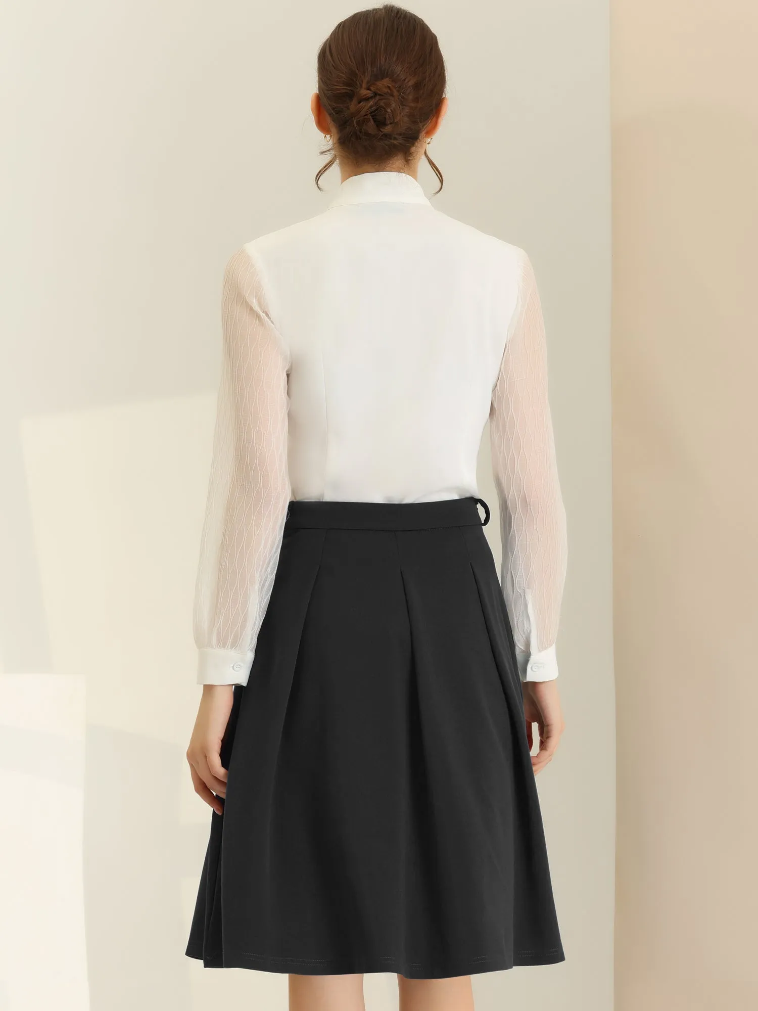 Women's A-Line Belted Waist Casual Midi Flare Pleated Skirt