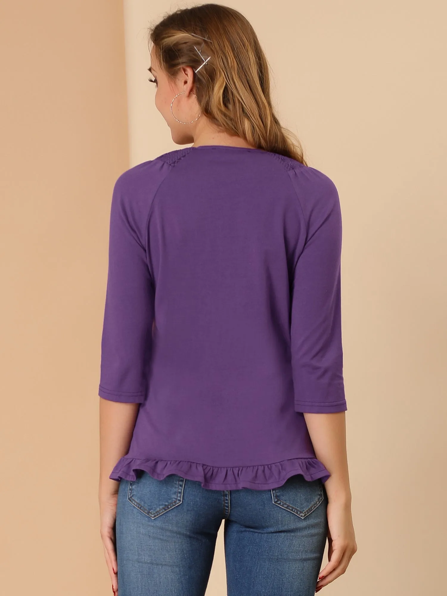 Basic V Neck Lace 3/4 Sleeve Ruffle Trim Blouse sold by Allegra K product image thumbnail 5