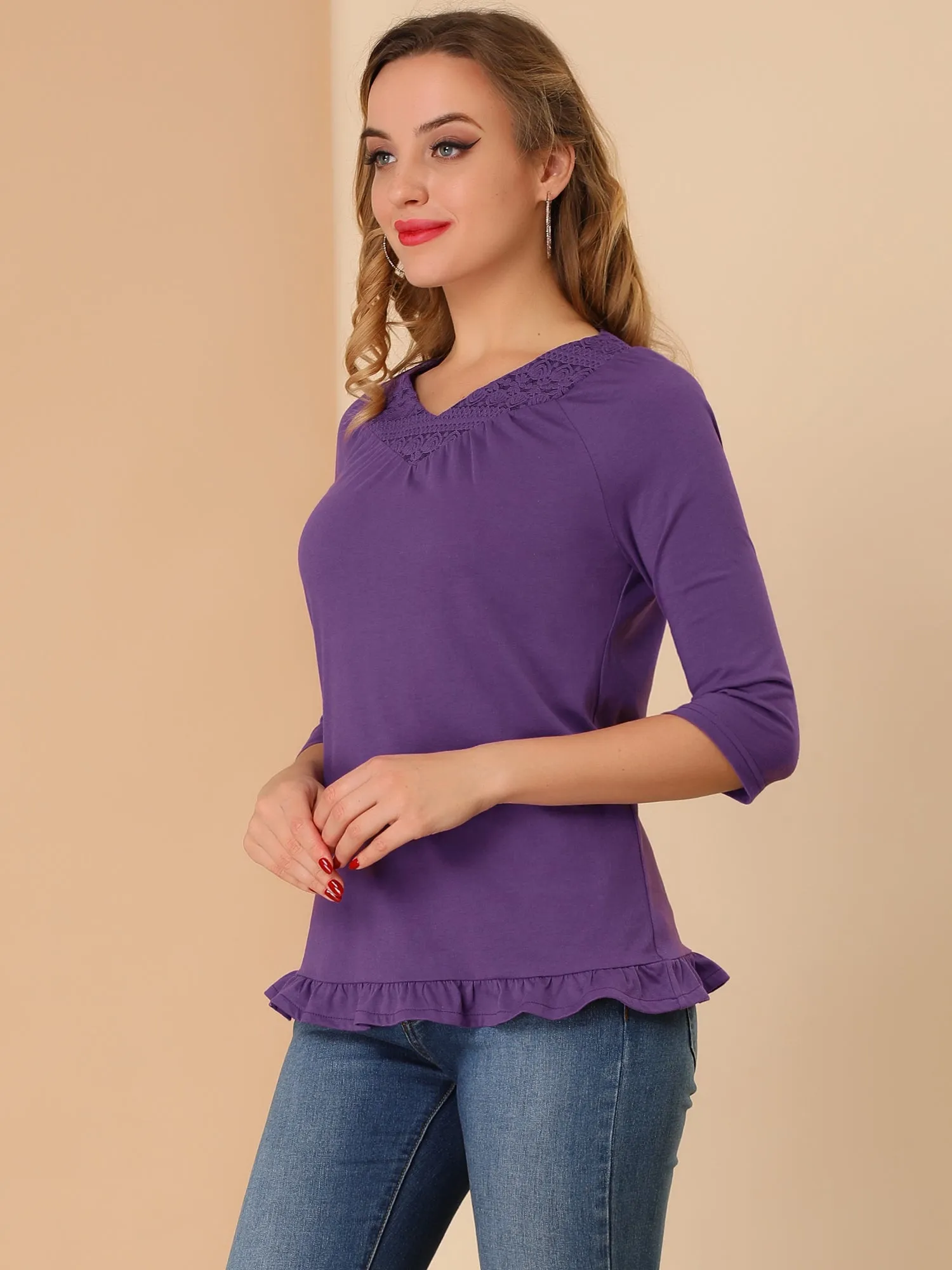 Basic V Neck Lace 3/4 Sleeve Ruffle Trim Blouse sold by Allegra K product image thumbnail 4