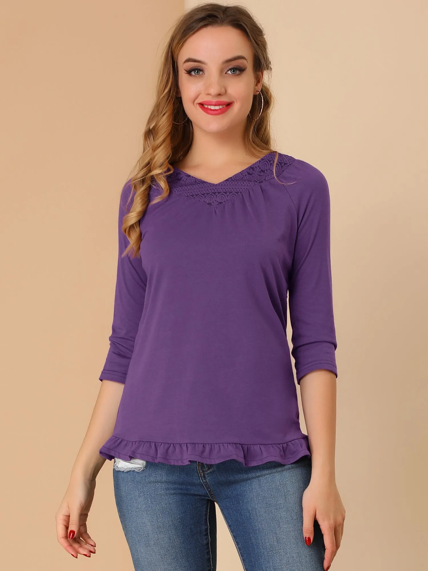 Basic V Neck Lace 3/4 Sleeve Ruffle Trim Blouse sold by Allegra K product image thumbnail 3