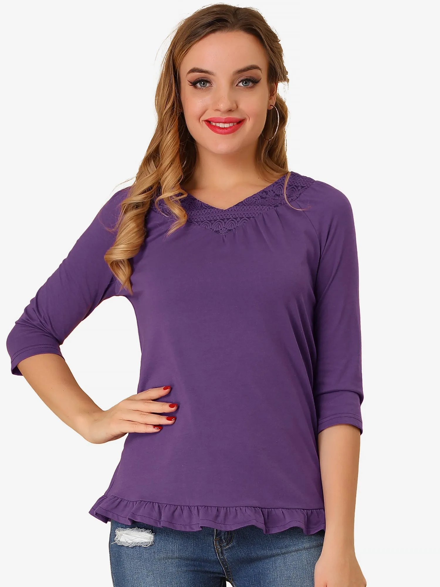 Basic V Neck Lace 3/4 Sleeve Ruffle Trim Blouse sold by Allegra K