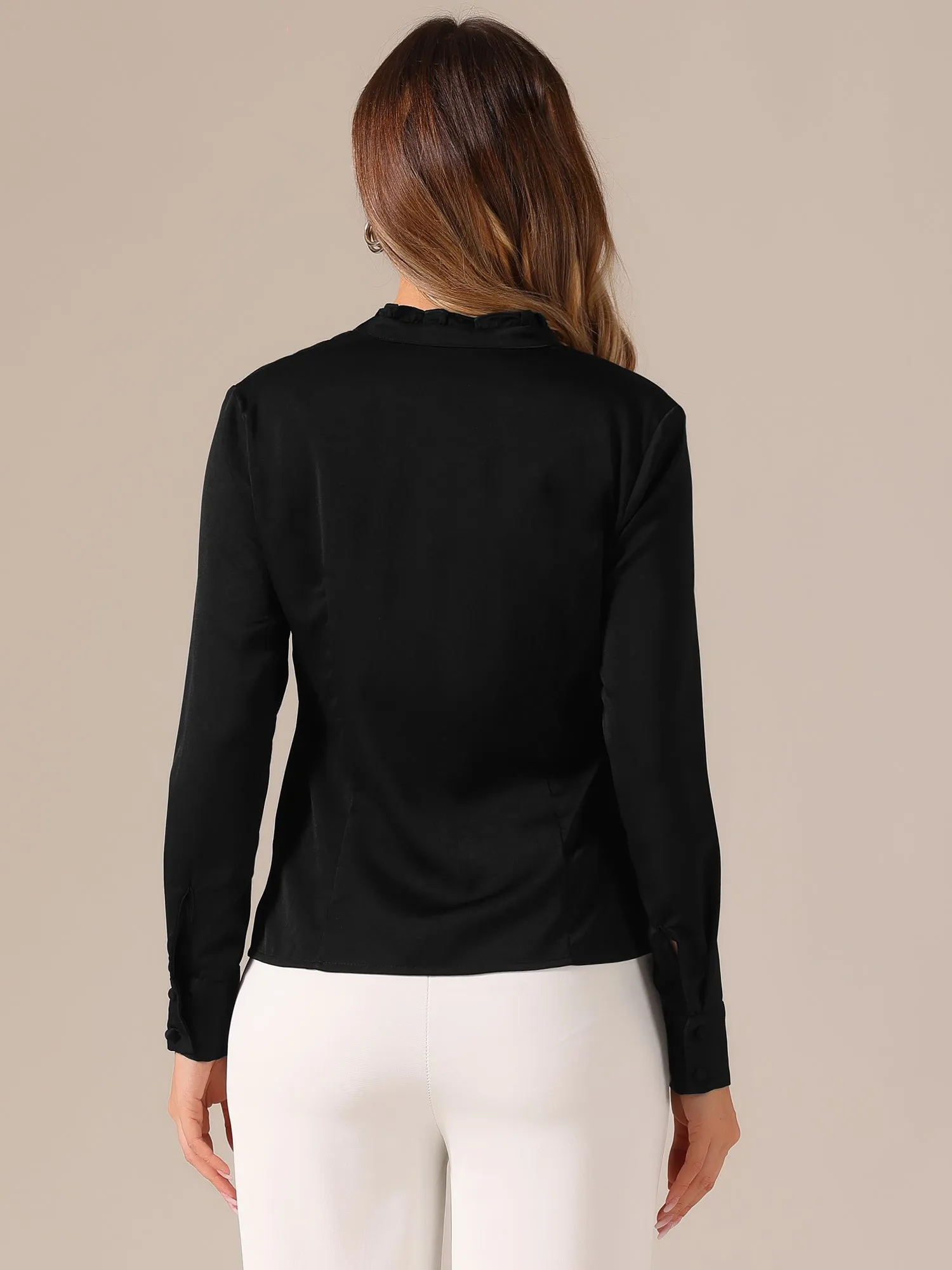 Ruffled Stand Collar Shirt Long Sleeve Button Elegant Satin Blouse sold by Allegra K product image thumbnail 3