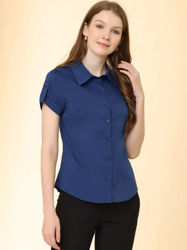 Casual Work Lapel Short Sleeve Button Down Solid Shirt sold by Allegra K