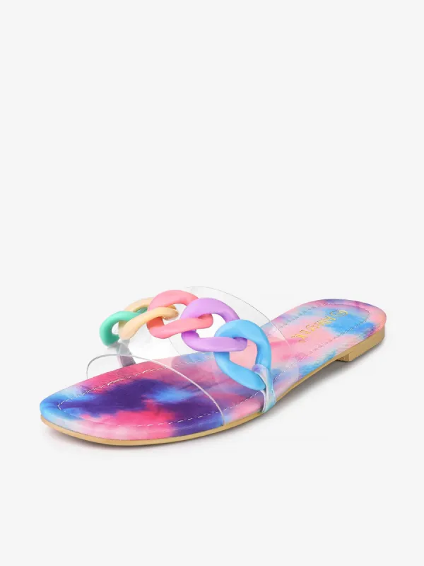 Tie Dye Chain Clear Slides Slip Sandals sold by Allegra K