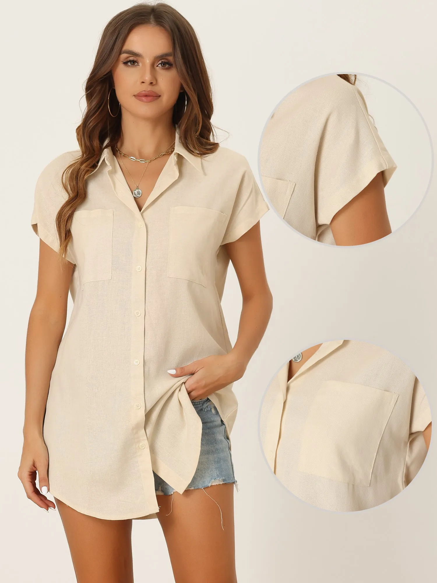 Button Down Shirt Office Casual V Neck Pockets Short Sleeve Blouse Tops sold by Allegra K product image thumbnail 2
