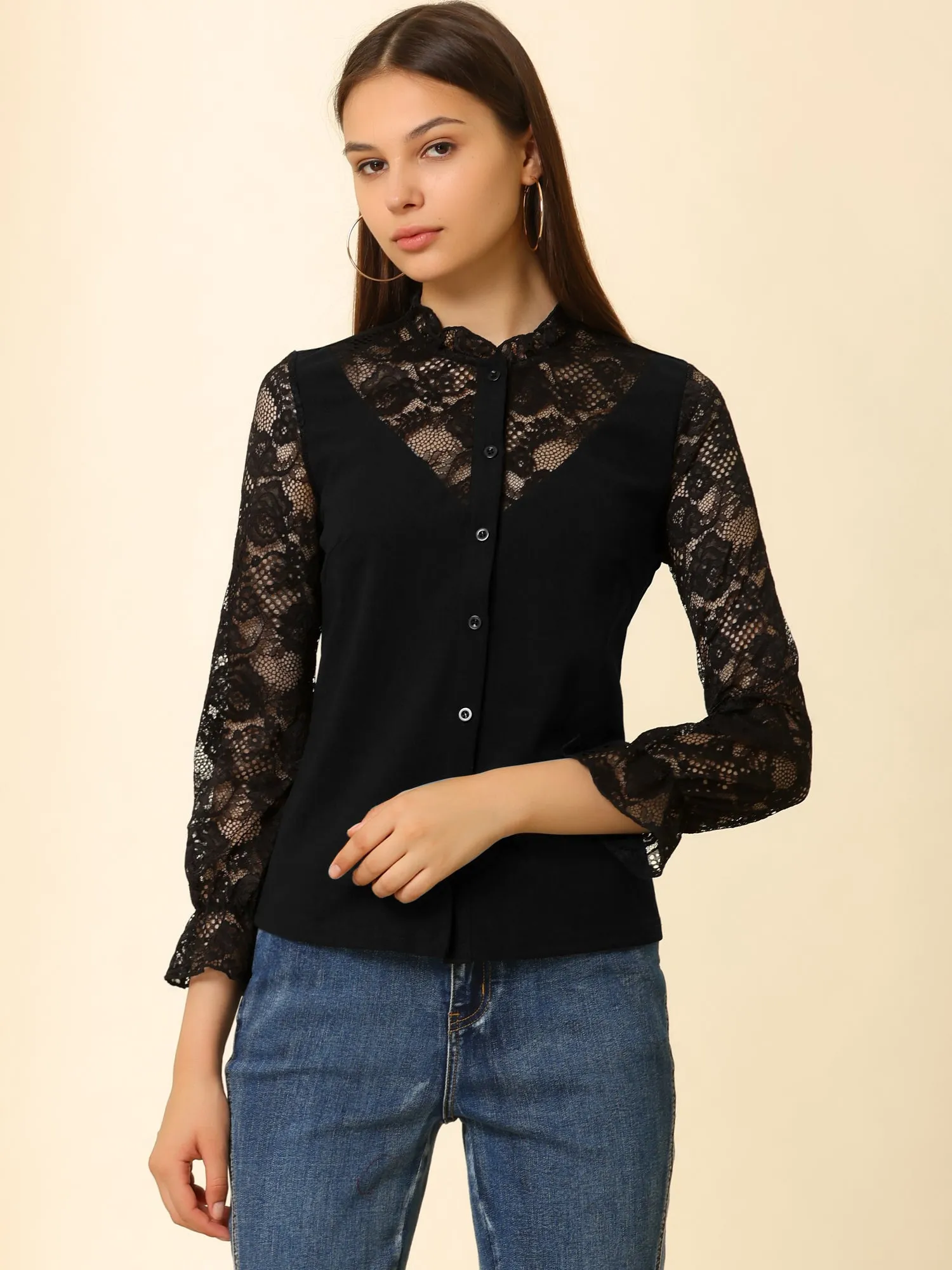 Lace Panel Floral Ruffle Work Office Button Up Shirt sold by Allegra K product image thumbnail 2