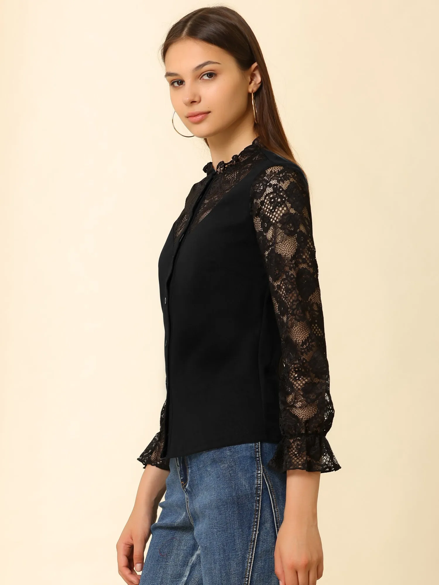 Lace Panel Floral Ruffle Work Office Button Up Shirt sold by Allegra K product image thumbnail 3