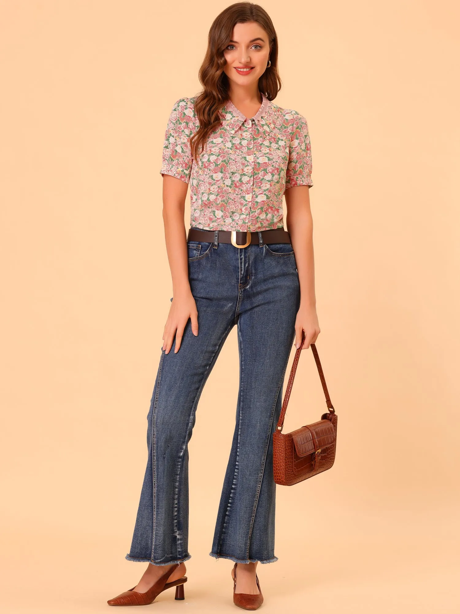 Floral Blouse Lace Crochet Point Collar Puff Sleeve Peasant Shirt Top sold by Allegra K product image thumbnail 3