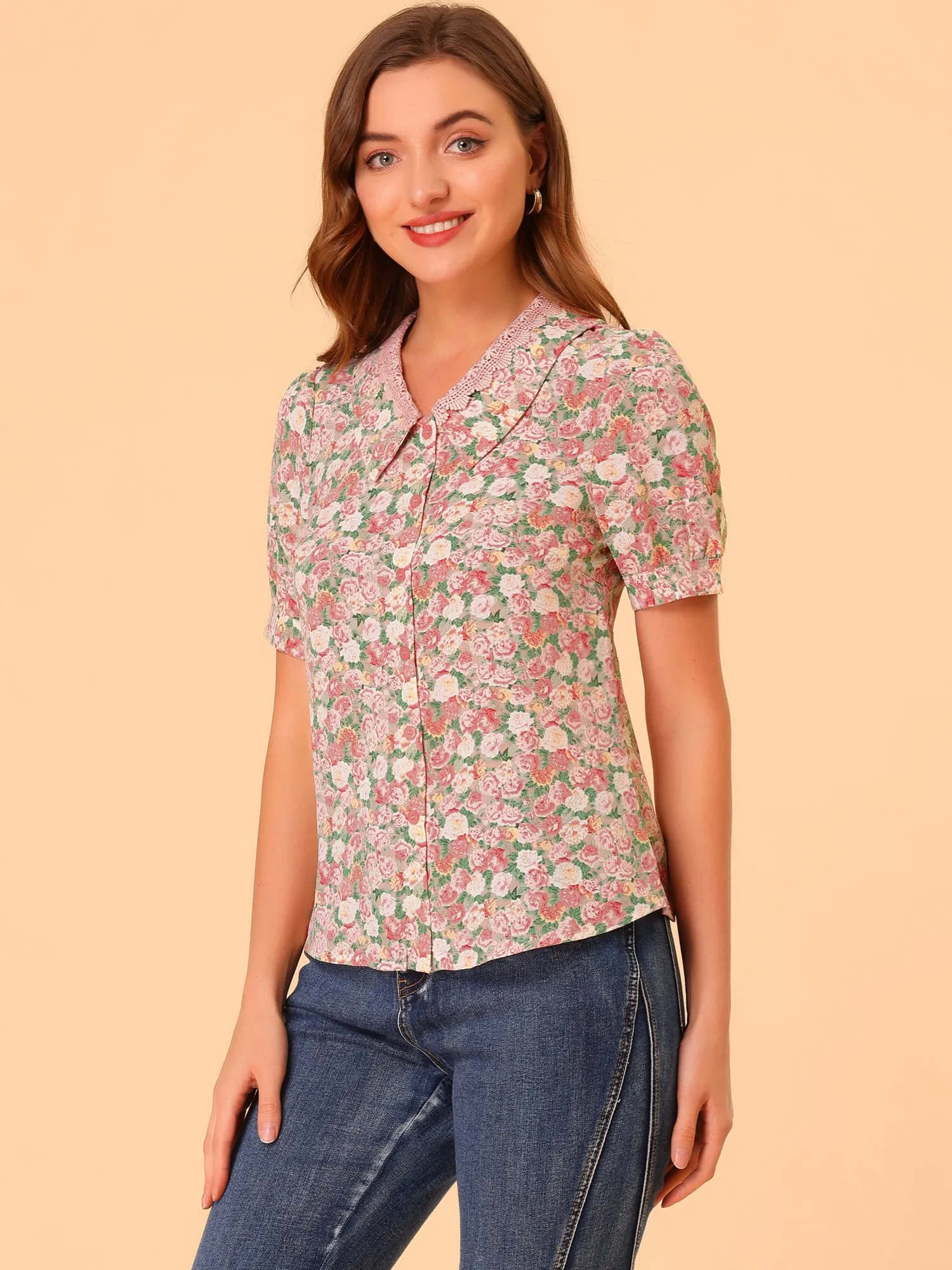 Floral Blouse Lace Crochet Point Collar Puff Sleeve Peasant Shirt Top sold by Allegra K product image thumbnail 5