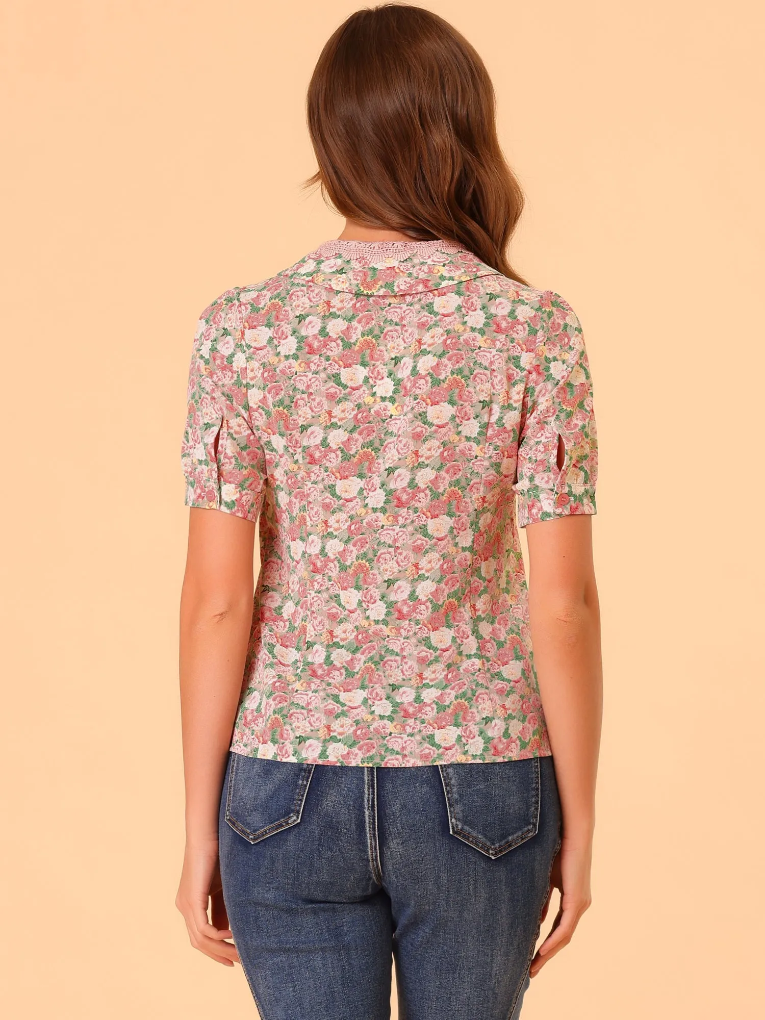 Floral Blouse Lace Crochet Point Collar Puff Sleeve Peasant Shirt Top sold by Allegra K product image thumbnail 4