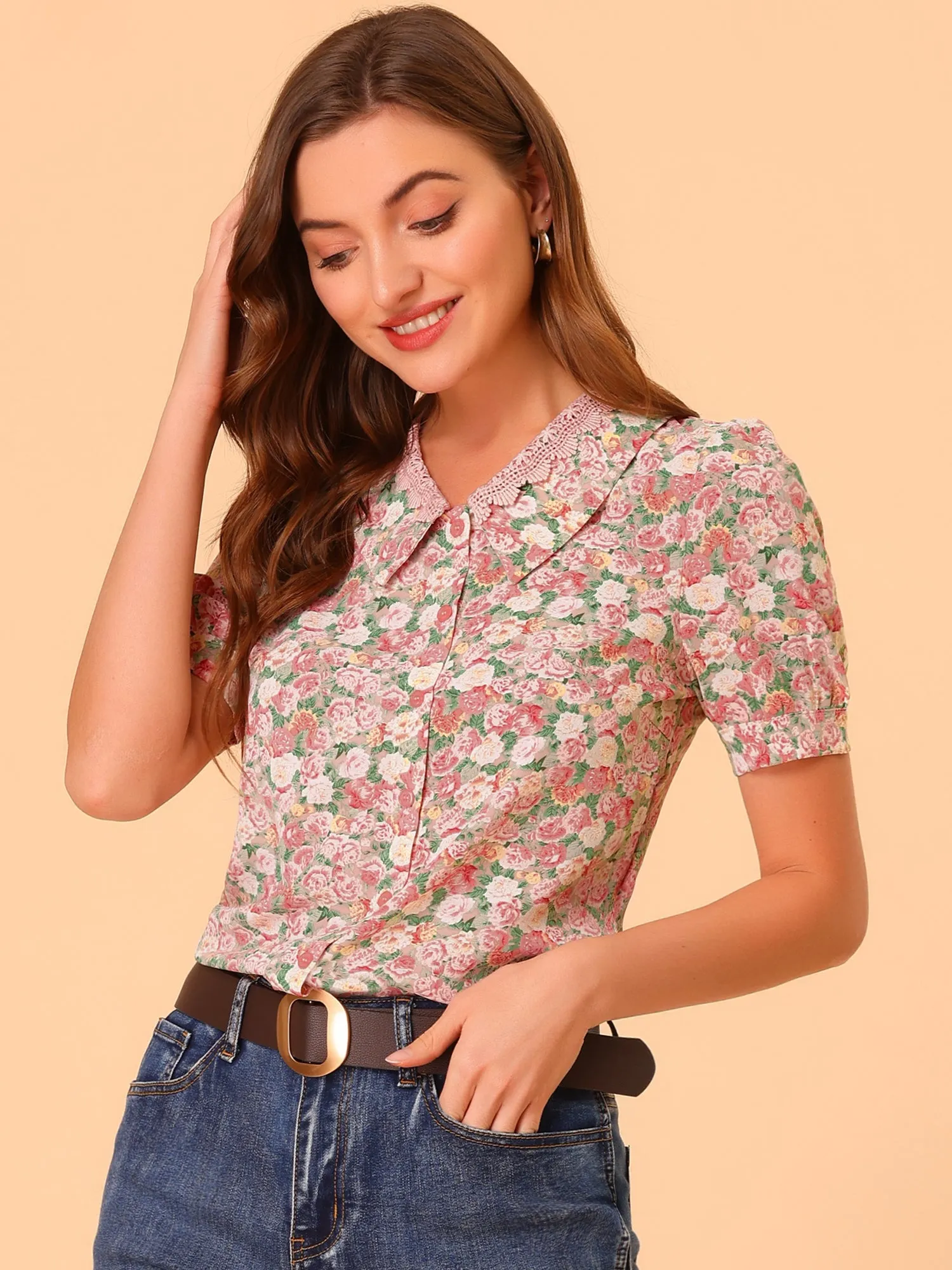 Floral Blouse Lace Crochet Point Collar Puff Sleeve Peasant Shirt Top sold by Allegra K