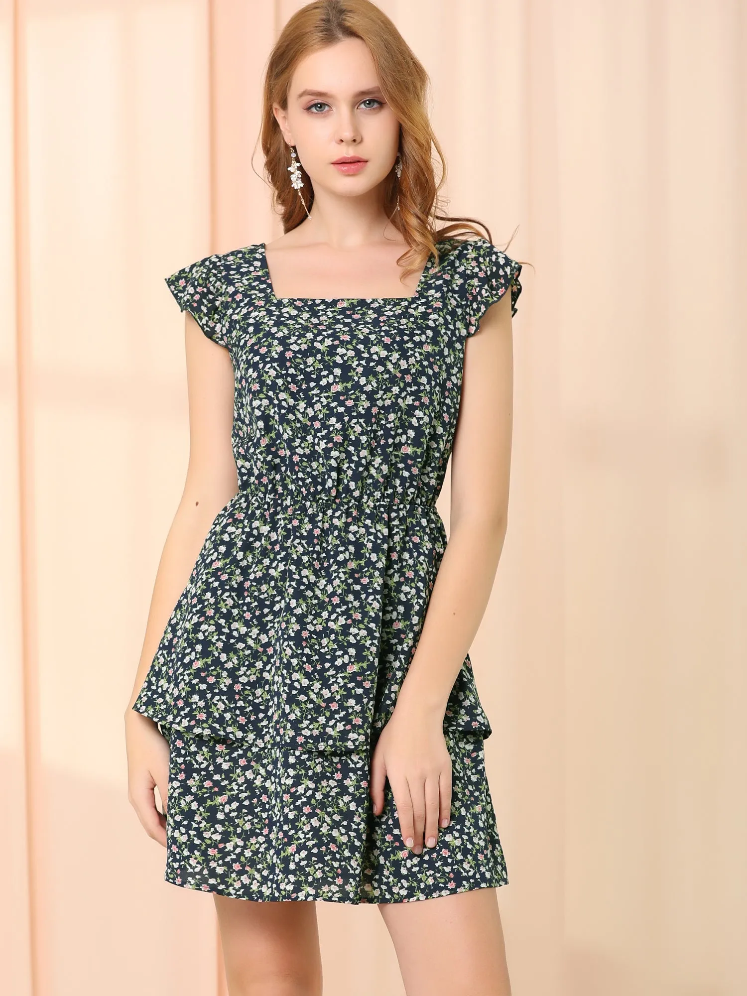 Short Sleeve Square Neck Elastic Waist Layered Floral Mini Dress sold by Allegra K product image thumbnail 3