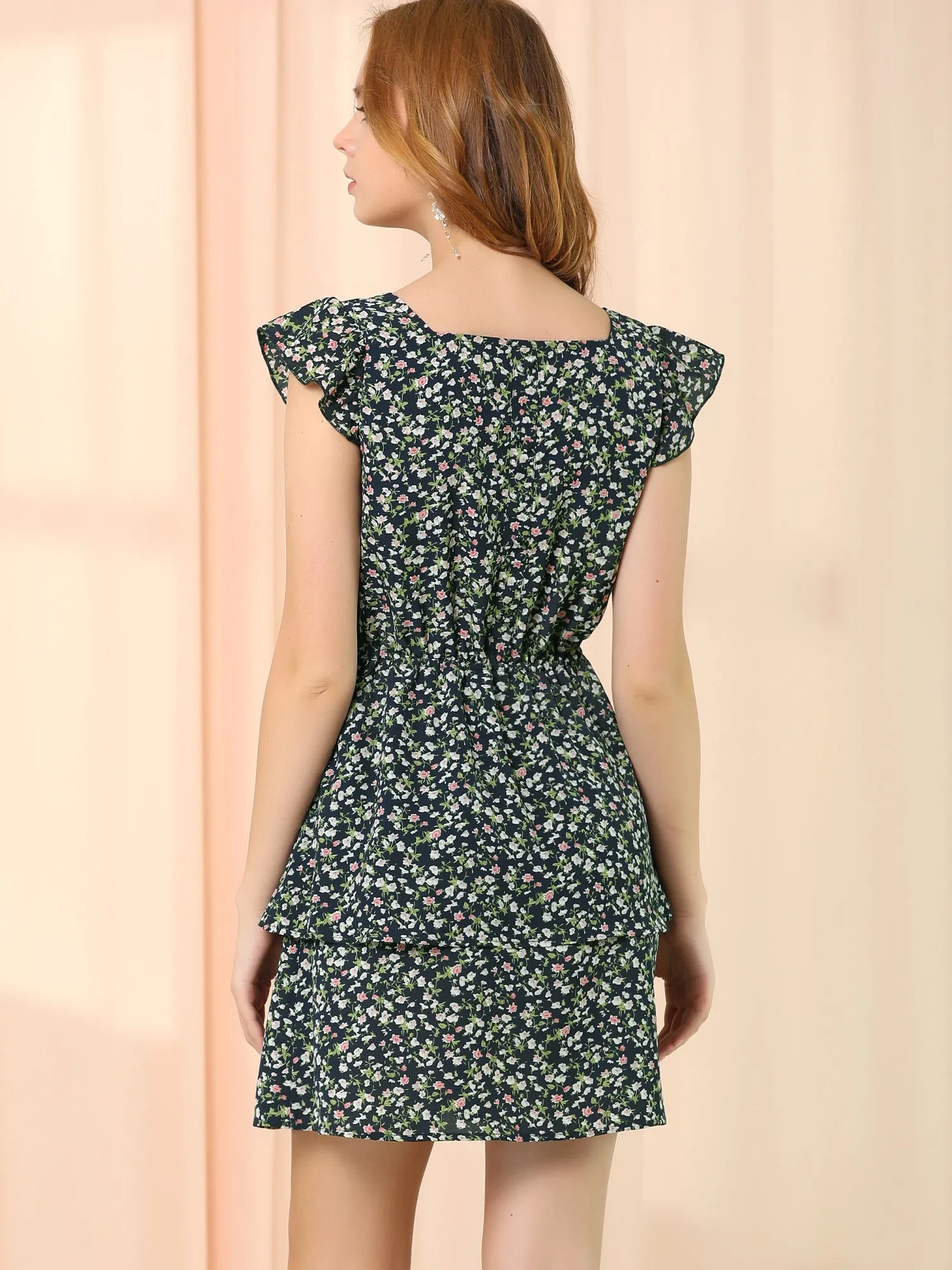 Short Sleeve Square Neck Elastic Waist Layered Floral Mini Dress sold by Allegra K product image thumbnail 5