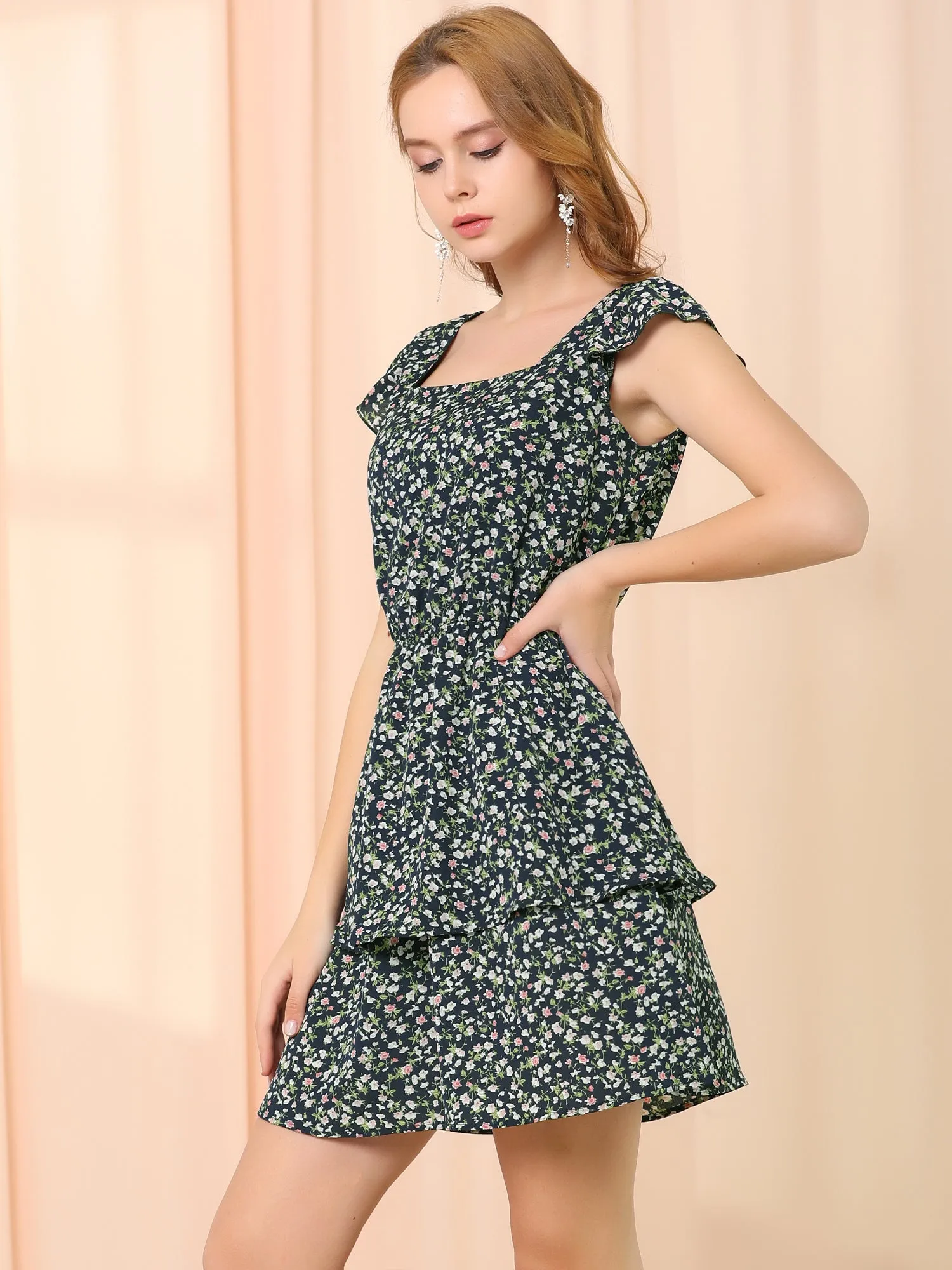 Short Sleeve Square Neck Elastic Waist Layered Floral Mini Dress sold by Allegra K product image thumbnail 4