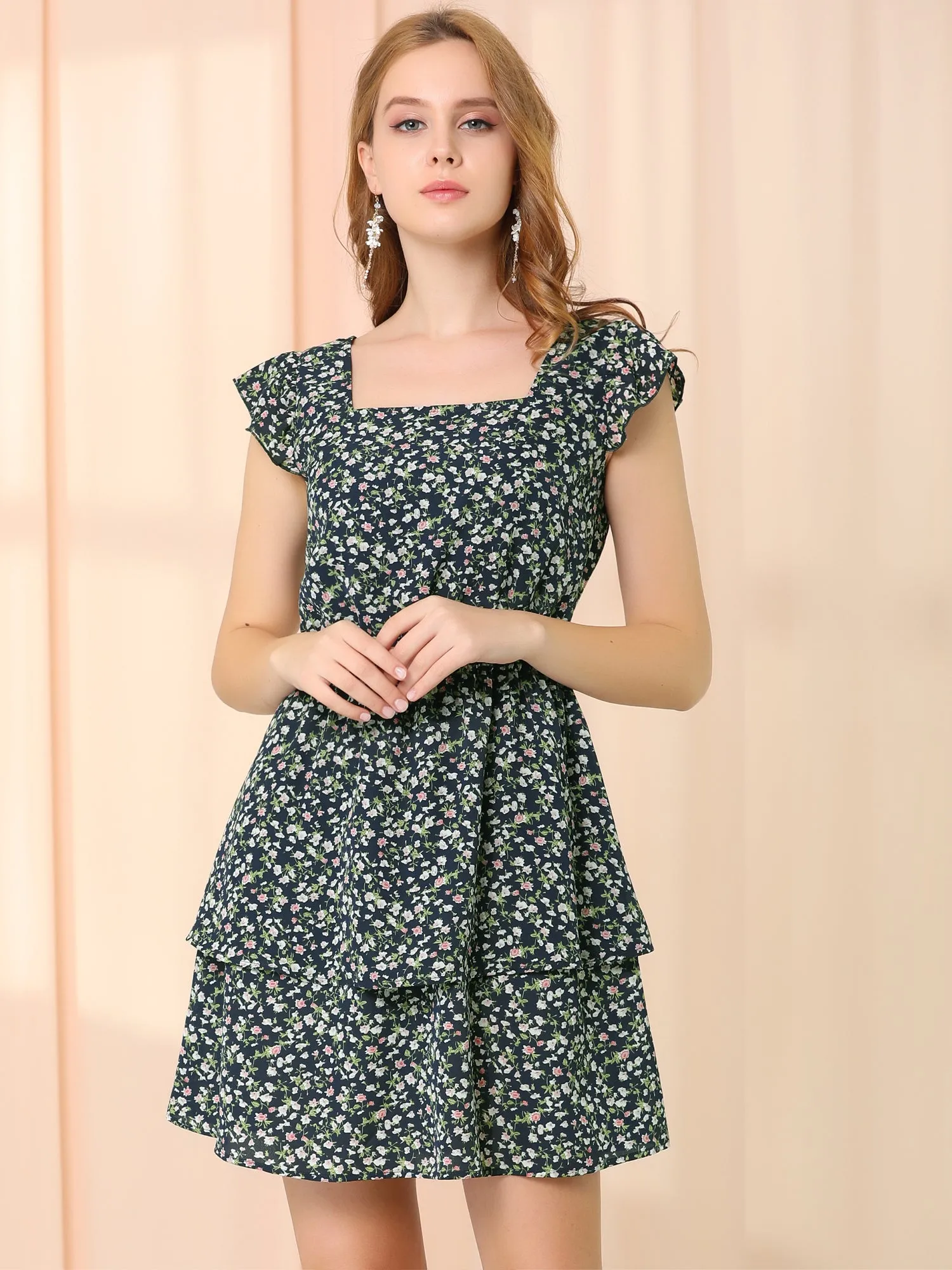 Short Sleeve Square Neck Elastic Waist Layered Floral Mini Dress sold by Allegra K product image thumbnail 2